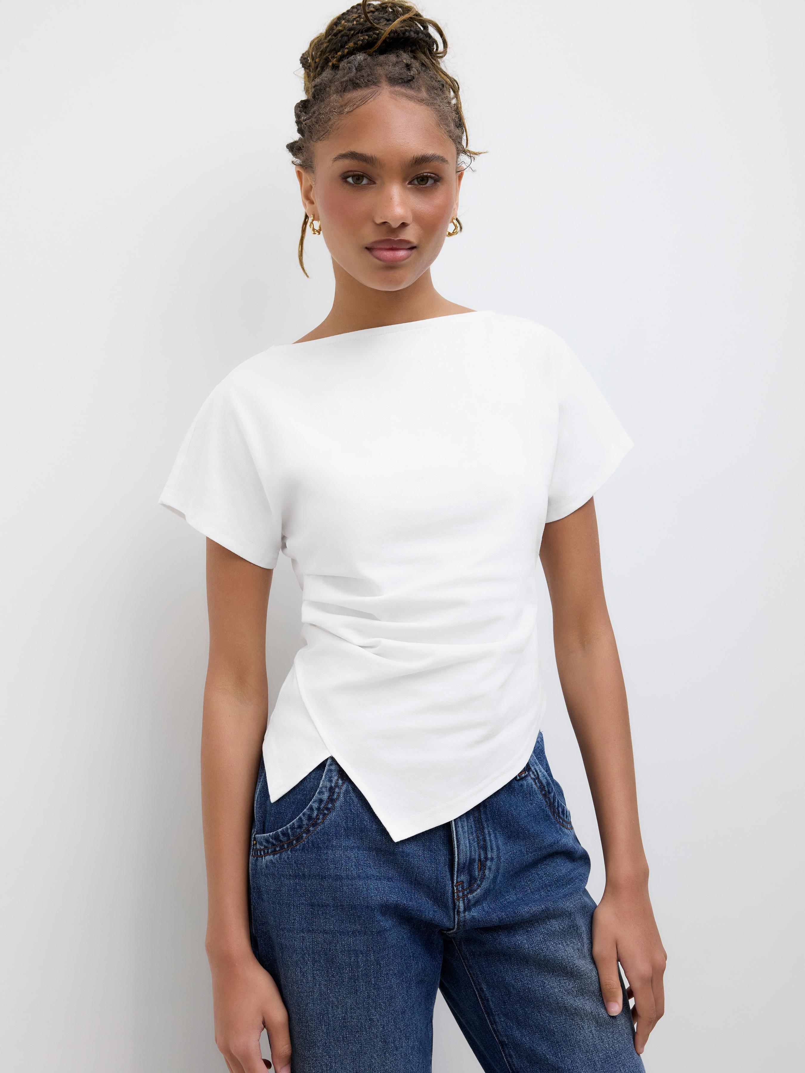 Cotton-blend Boat Neck Ruched Asymmetrical Hem Tee by CIDER