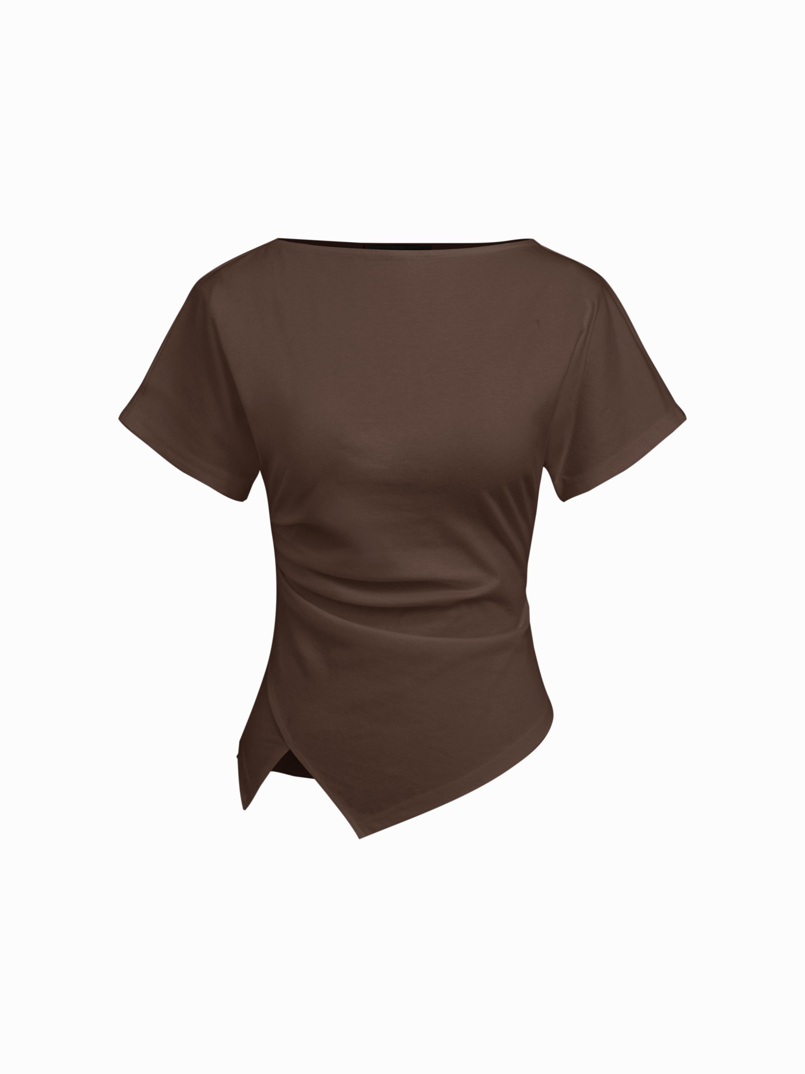 Cotton-blend Boat Neck Ruched Asymmetrical Hem Tee by CIDER
