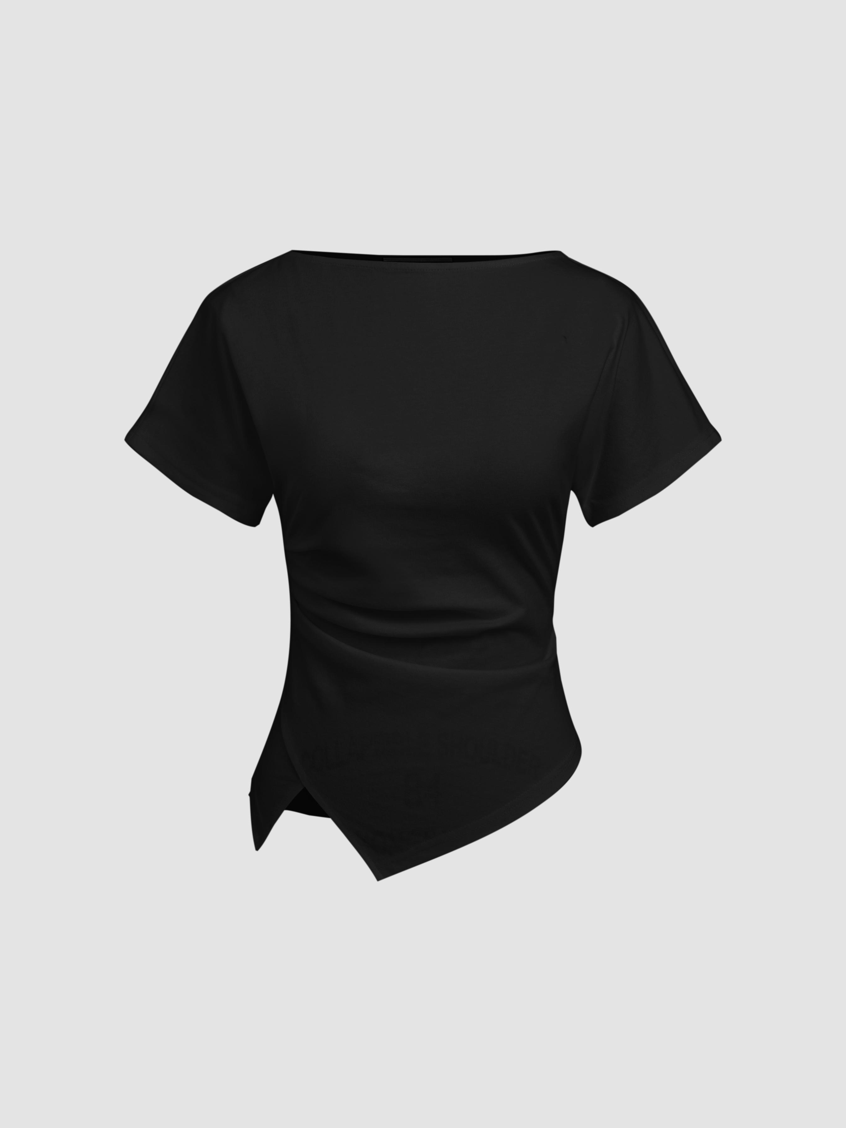 Cotton-blend Boat Neck Ruched Asymmetrical Hem Tee by CIDER