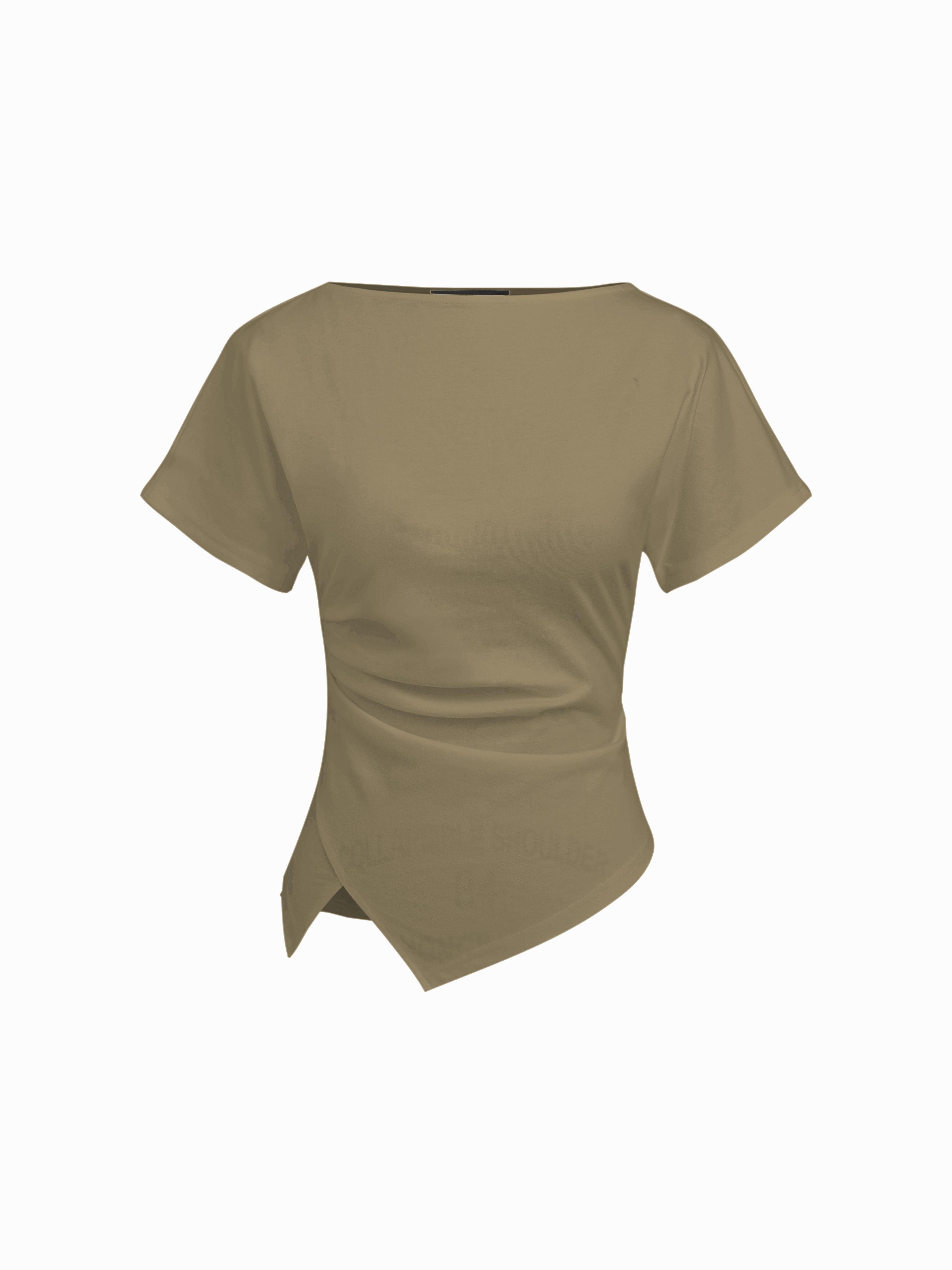 Cotton-blend Boat Neck Ruched Asymmetrical Hem Tee by CIDER