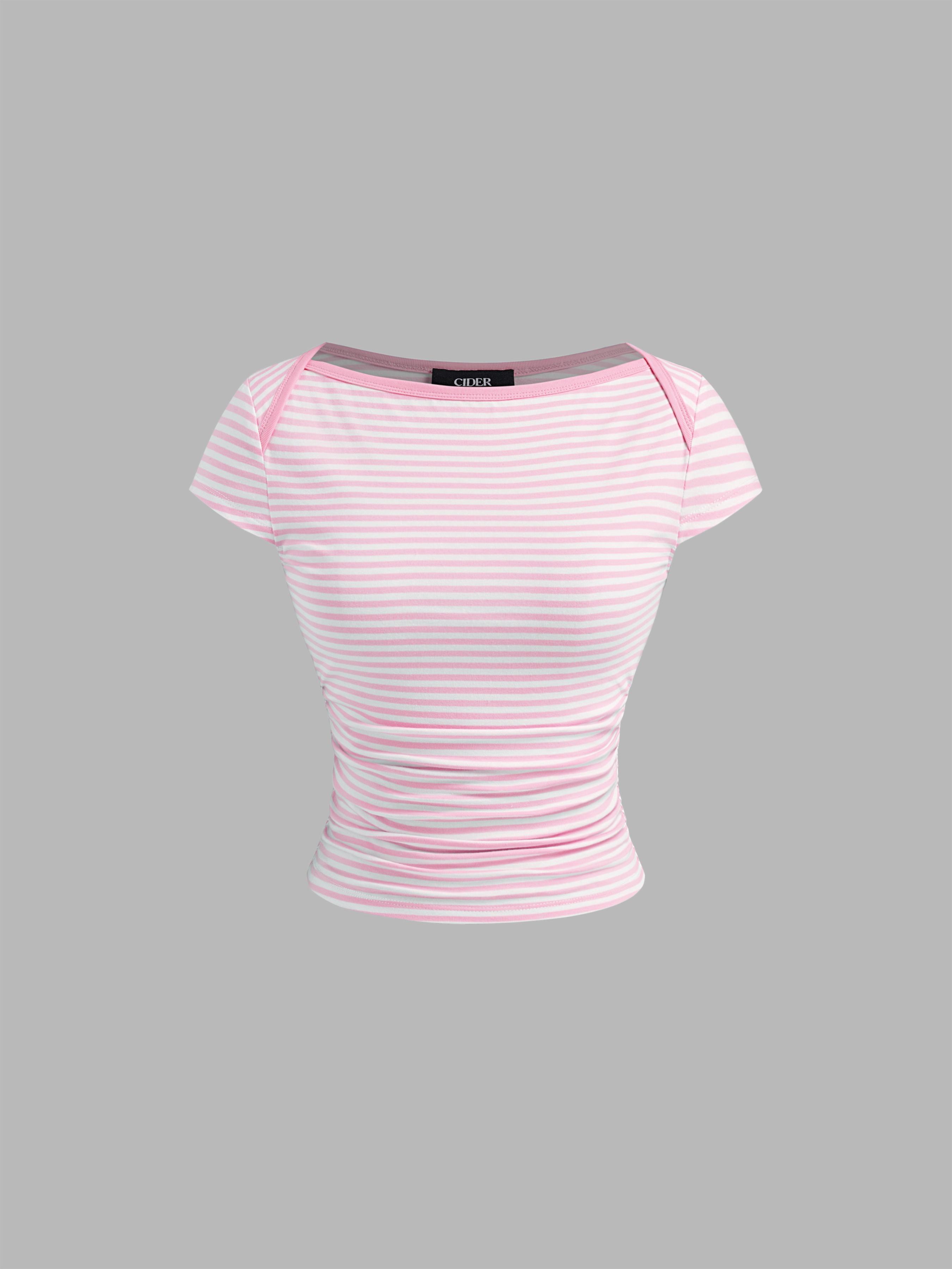 Cotton-blend Boat Neck Ruched Striped Tee by CIDER