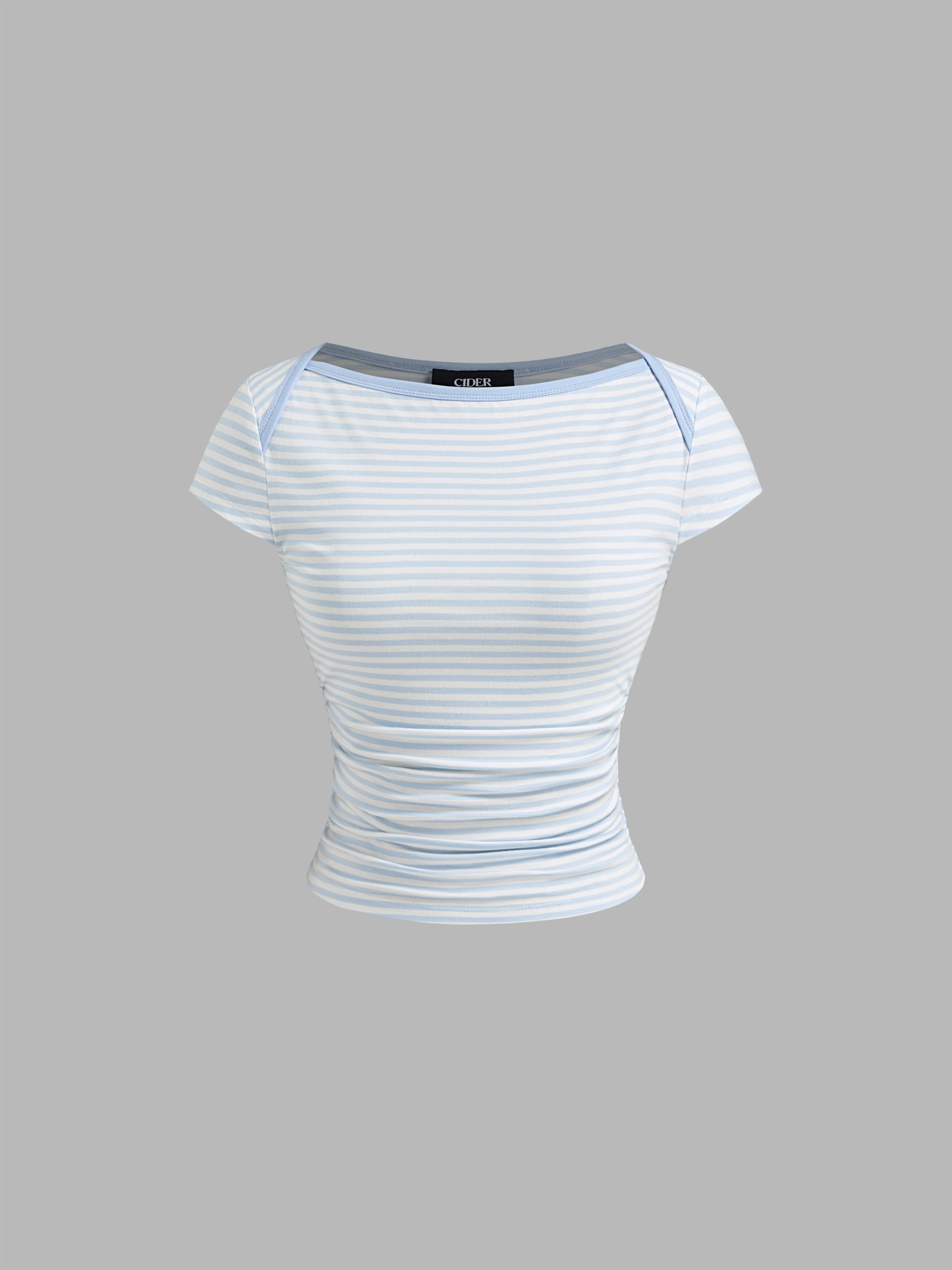 Cotton-blend Boat Neck Ruched Striped Tee by CIDER