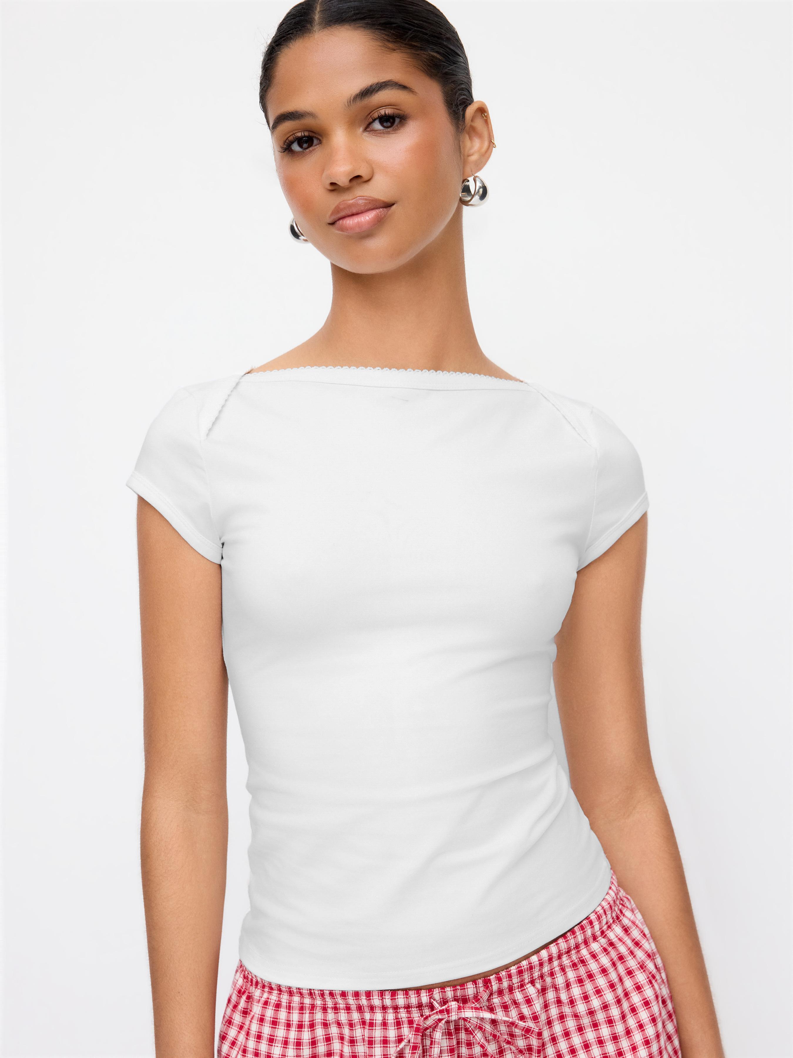 Cotton-blend Boat Neck Short Sleeve Tee by CIDER