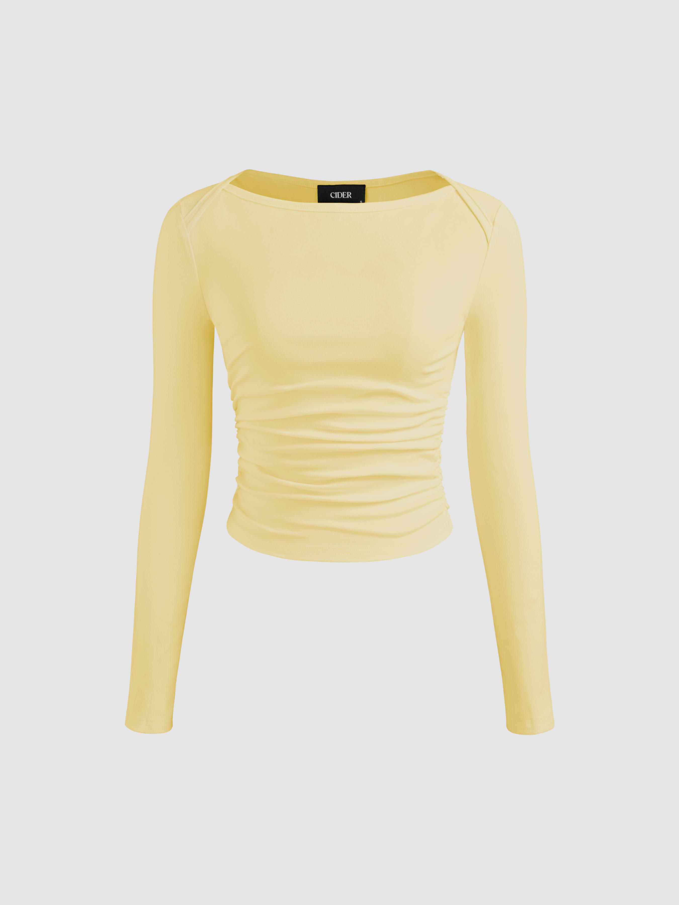 Cotton-blend Boat Neck Solid Ruched Long Sleeve Tee by CIDER