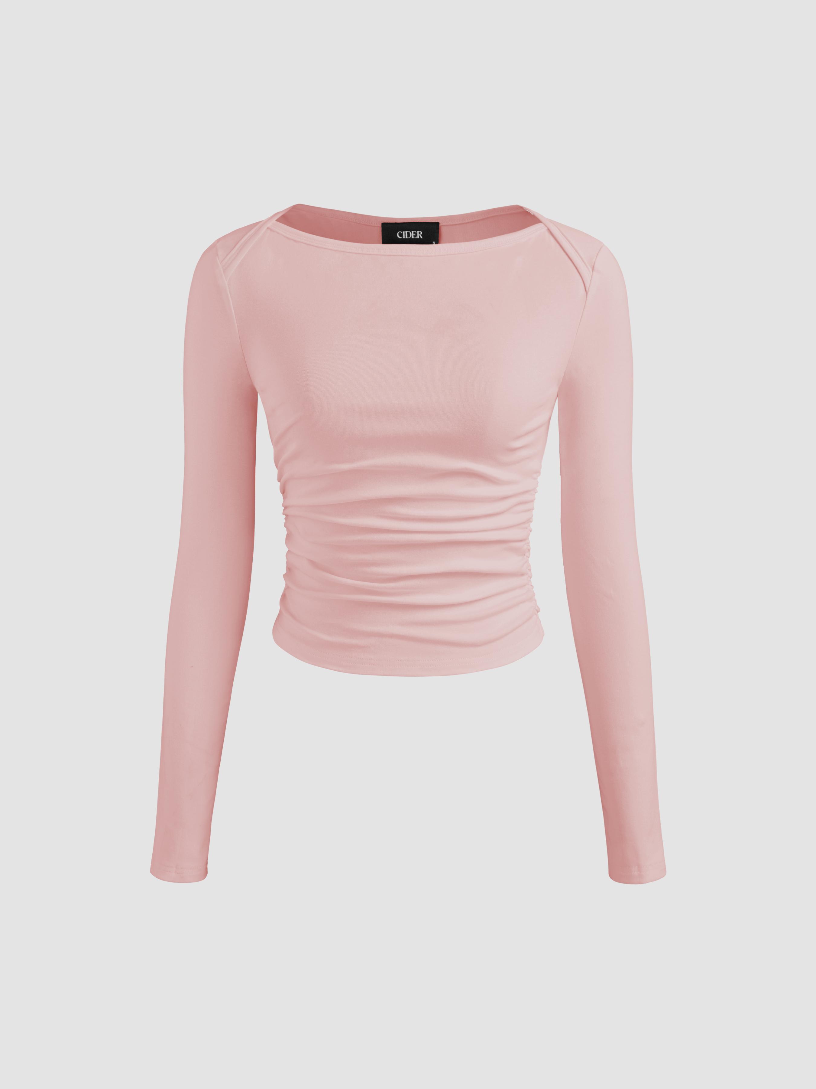 Cotton-blend Boat Neck Solid Ruched Long Sleeve Tee by CIDER