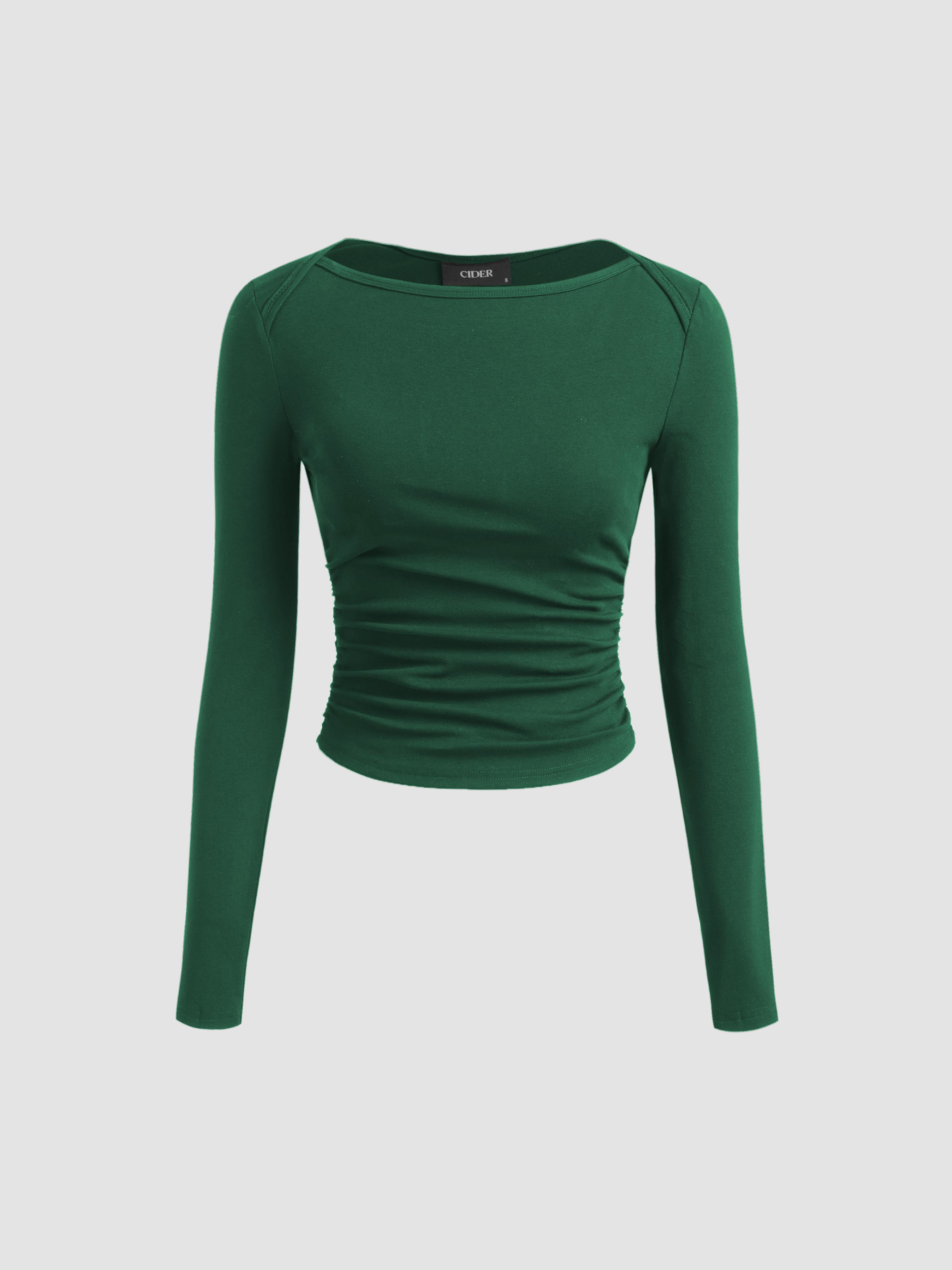 Cotton-blend Boat Neck Solid Ruched Long Sleeve Tee by CIDER