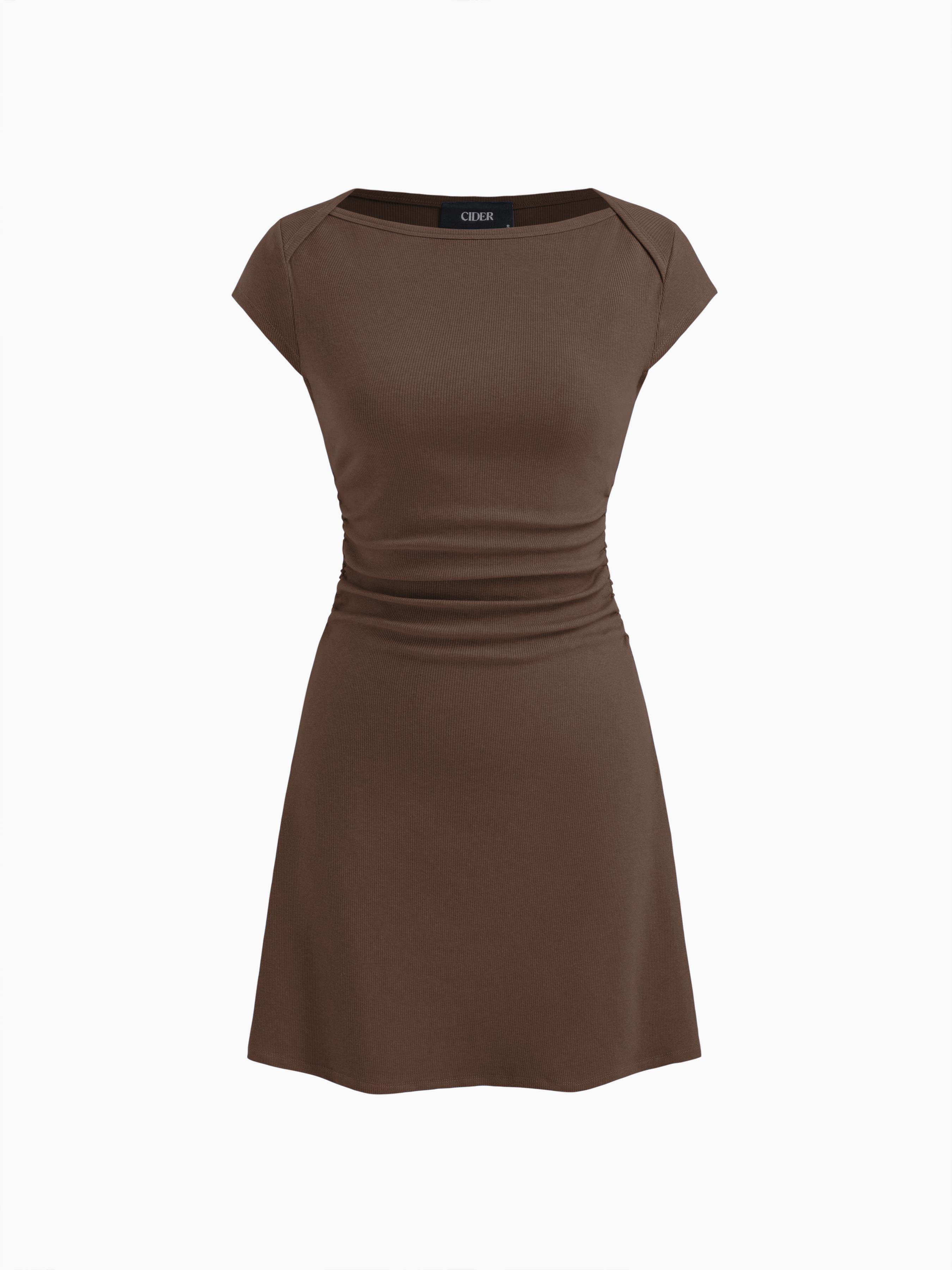 Cotton-blend Boat Neck Solid Ruched Mini Dress by CIDER