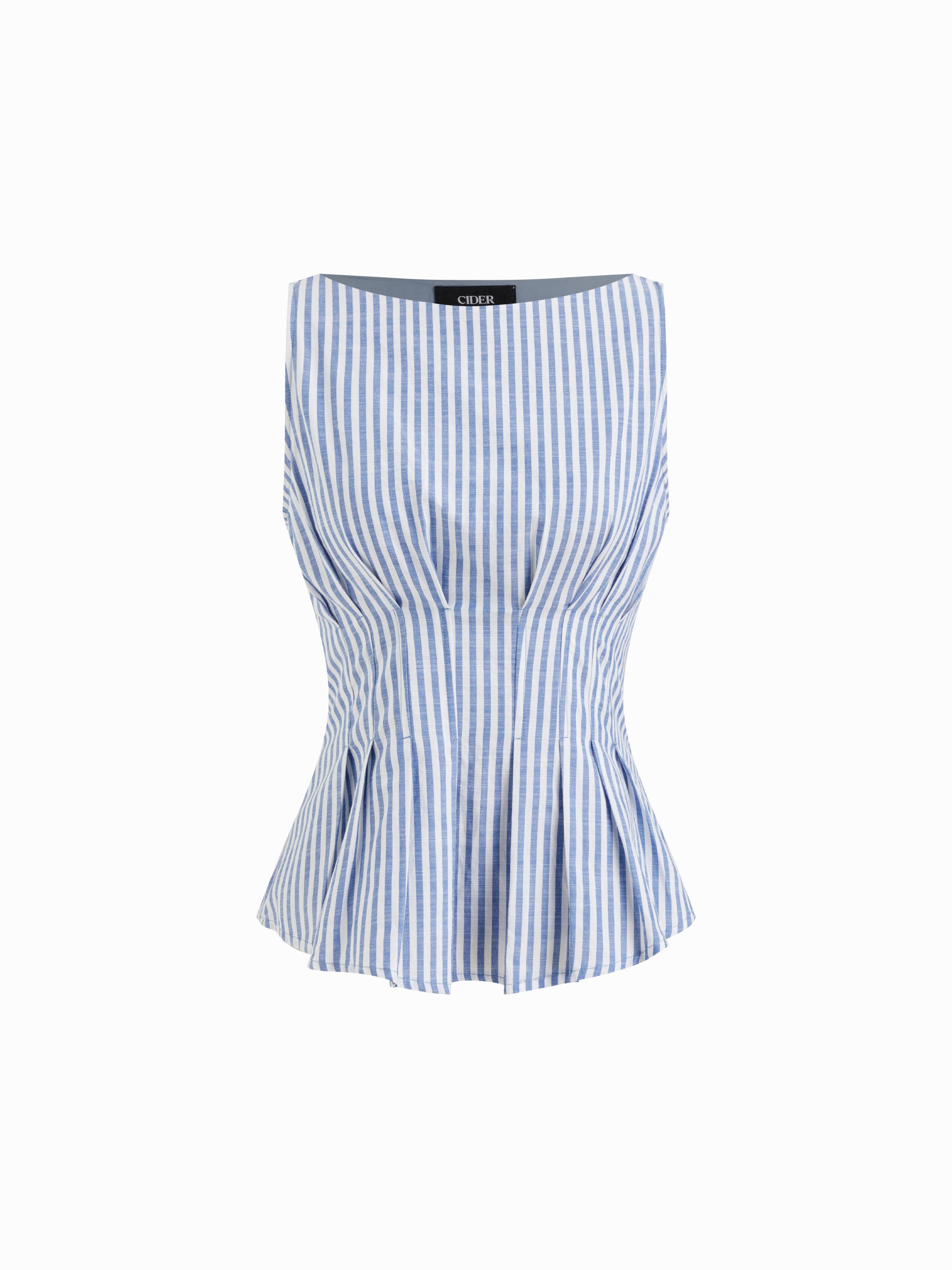 Cotton-blend Boat Neck Stripe Pleated Tank Top by CIDER