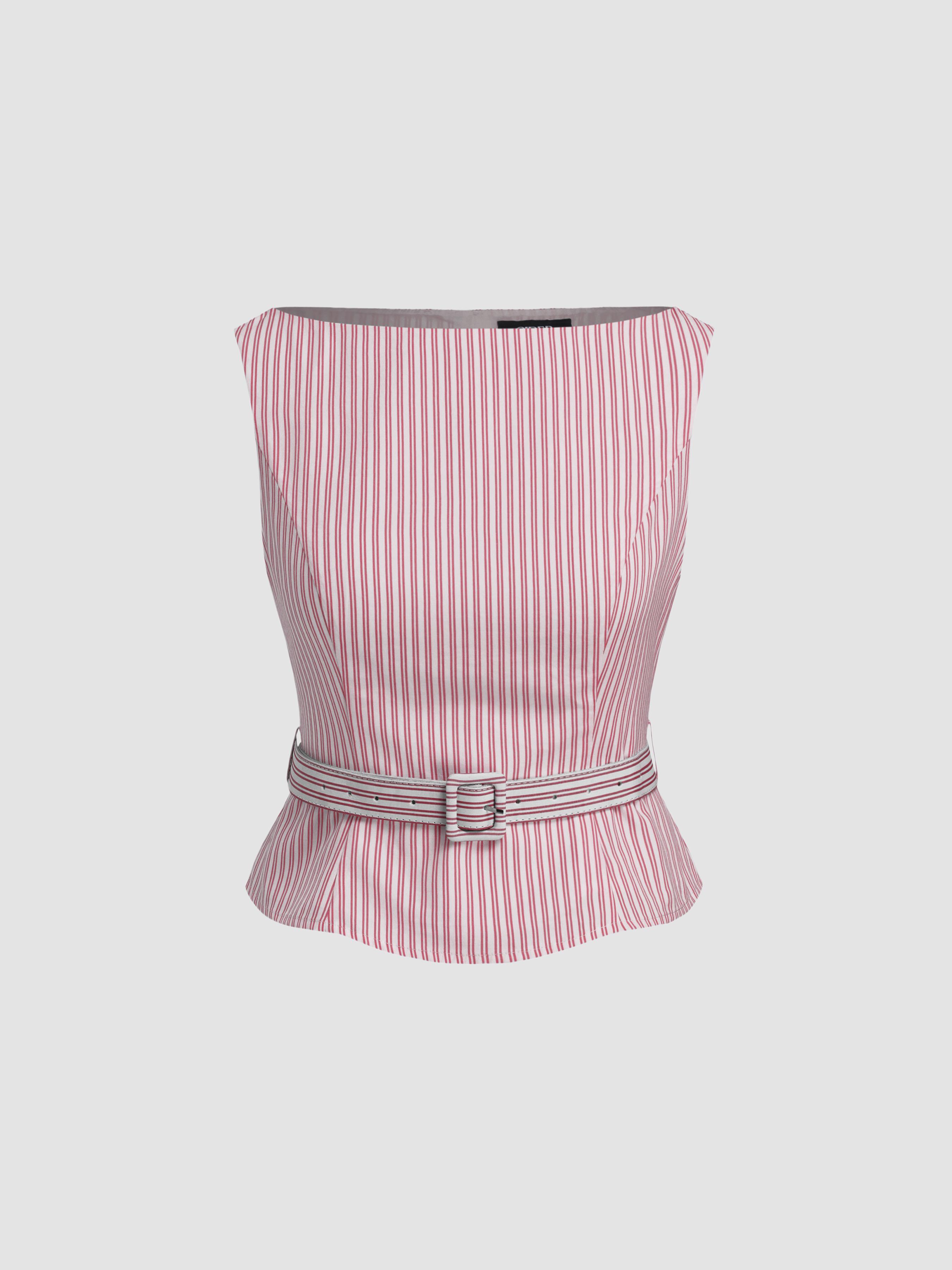 Cotton-blend Boat Neck Stripe Top With Belt by CIDER