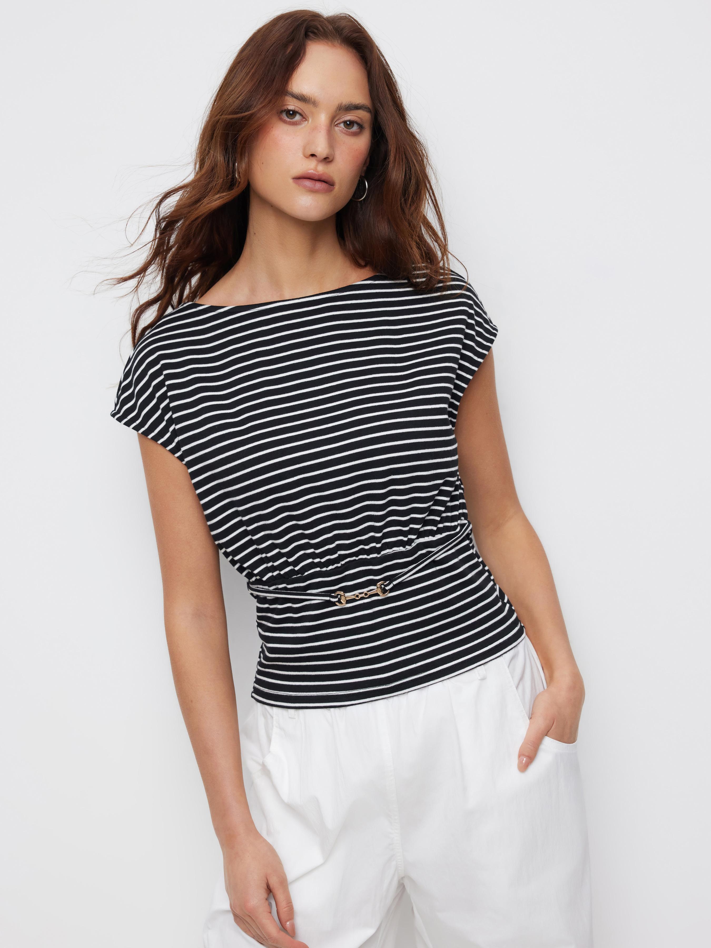 Cotton-blend Boat Neck Striped Metal Detail Short Sleeve Top by CIDER