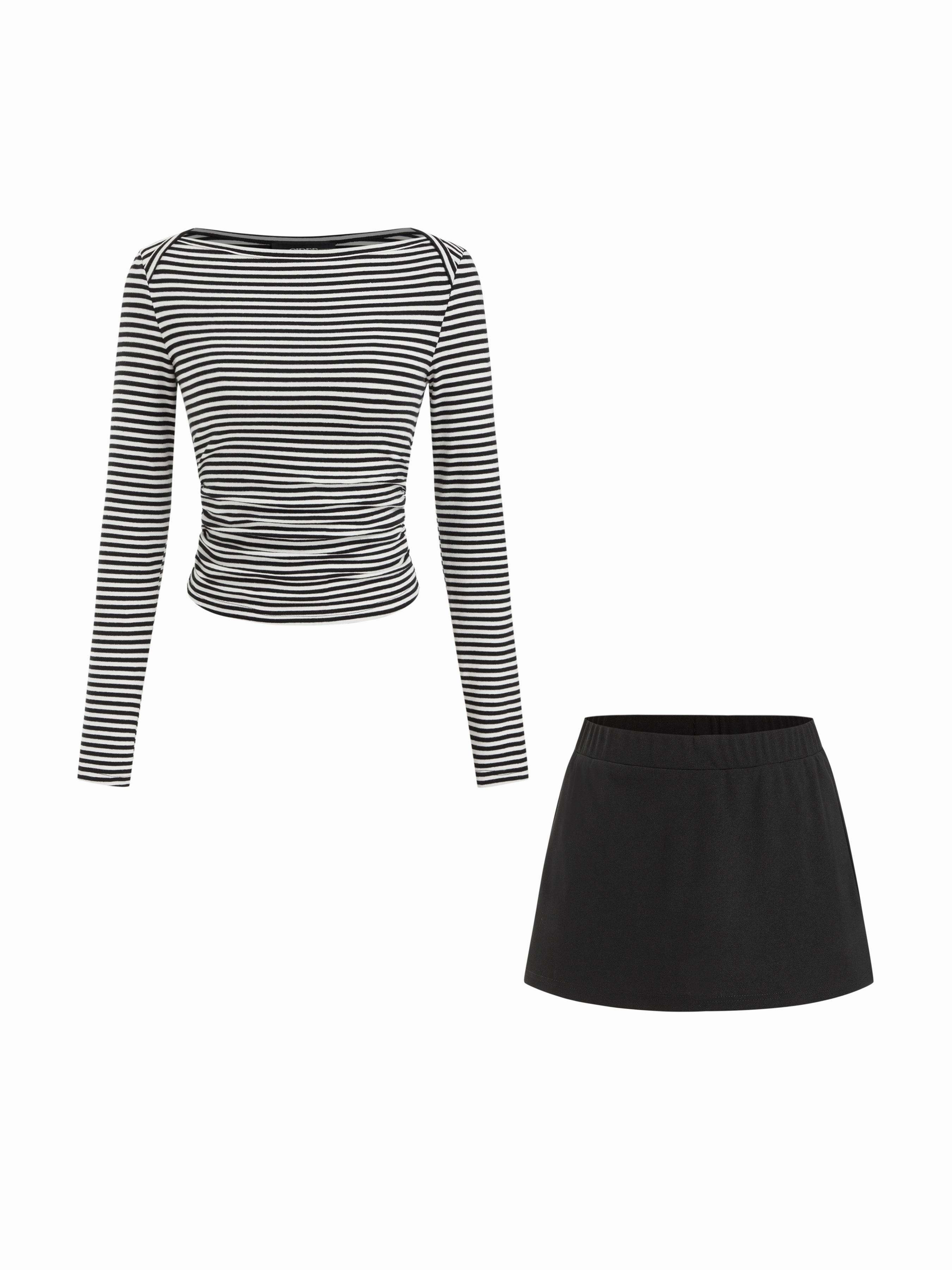 Cotton-blend Boat Neck Striped Ruched Top & Mid Rise Mini Skort Set by CIDER