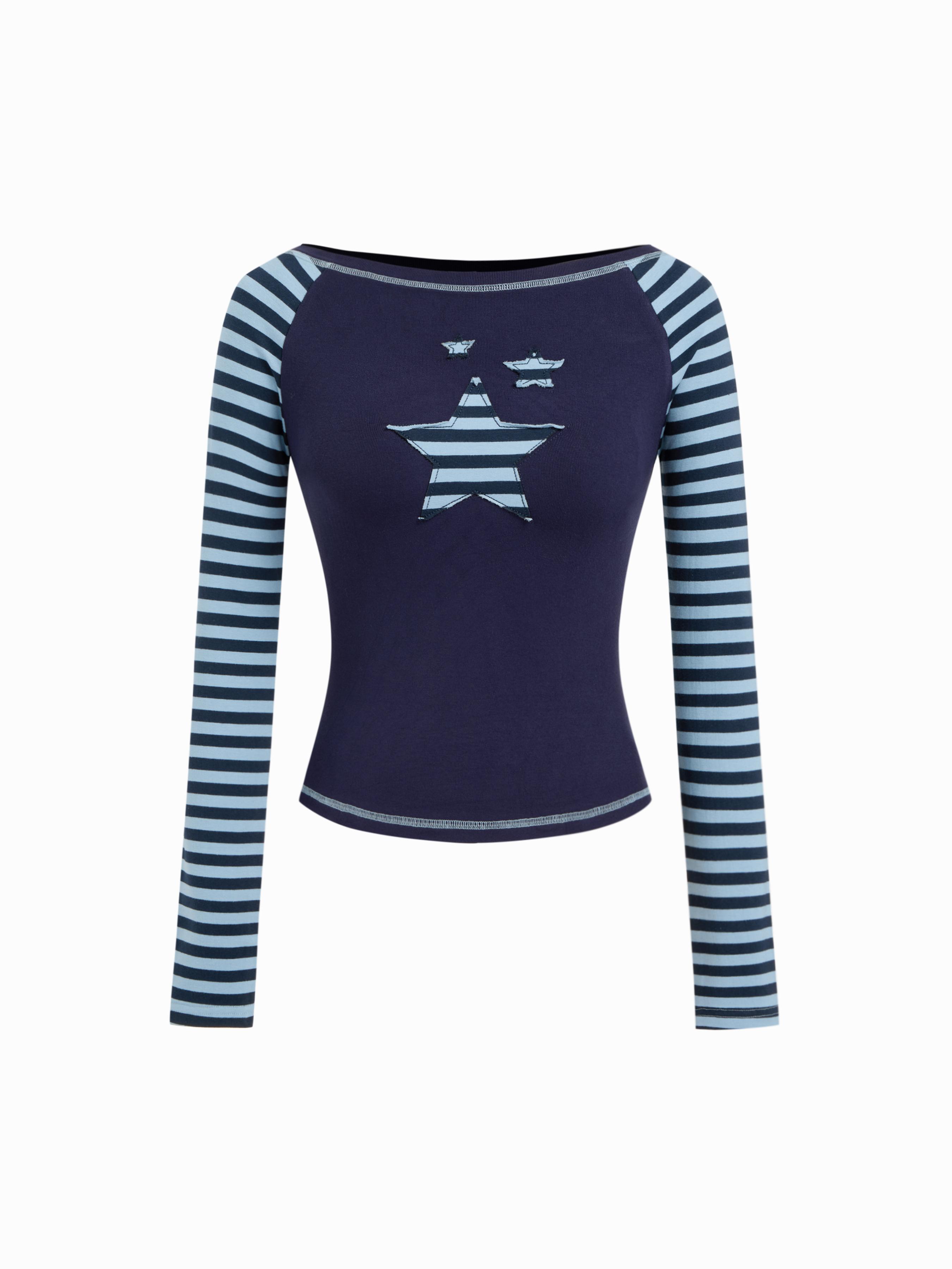 Cotton-blend Boat Neck Striped Star Appliques Tee by CIDER