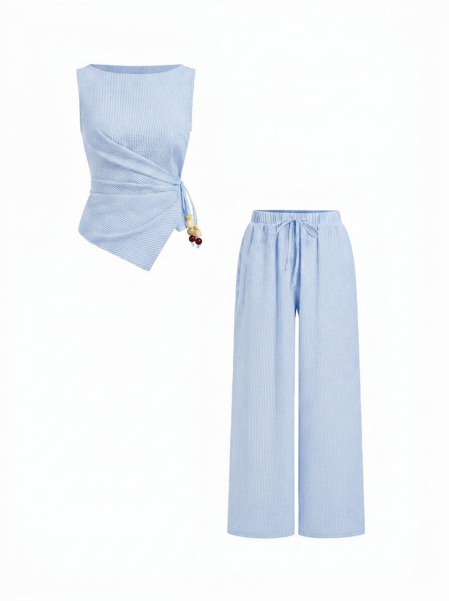 Cotton-blend Boat Neck Wrap Top & Mid Rise Wide Leg Trousers Set by CIDER