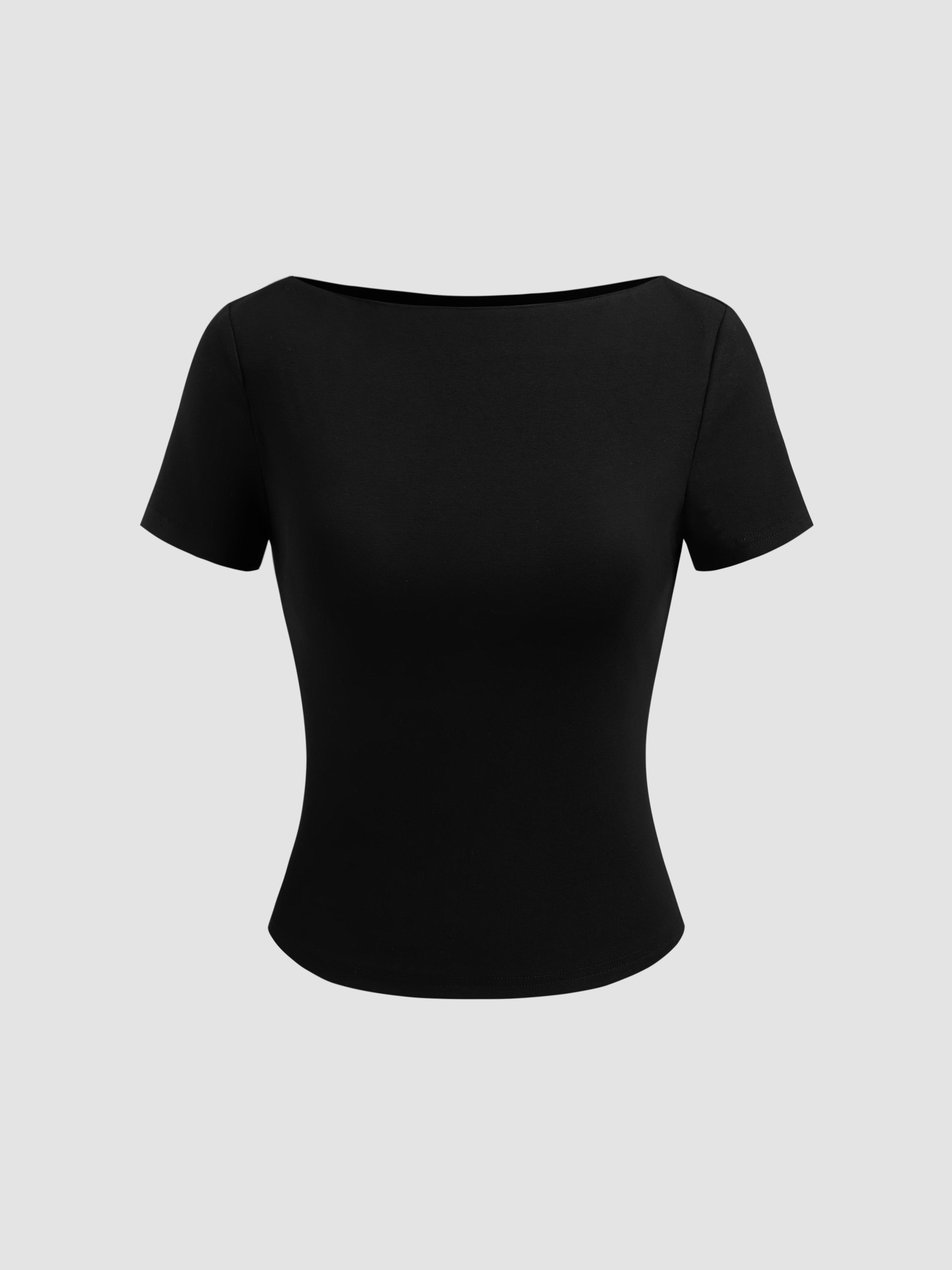 Cotton-blend Boat Neckline Solid Short Sleeve Tee by CIDER