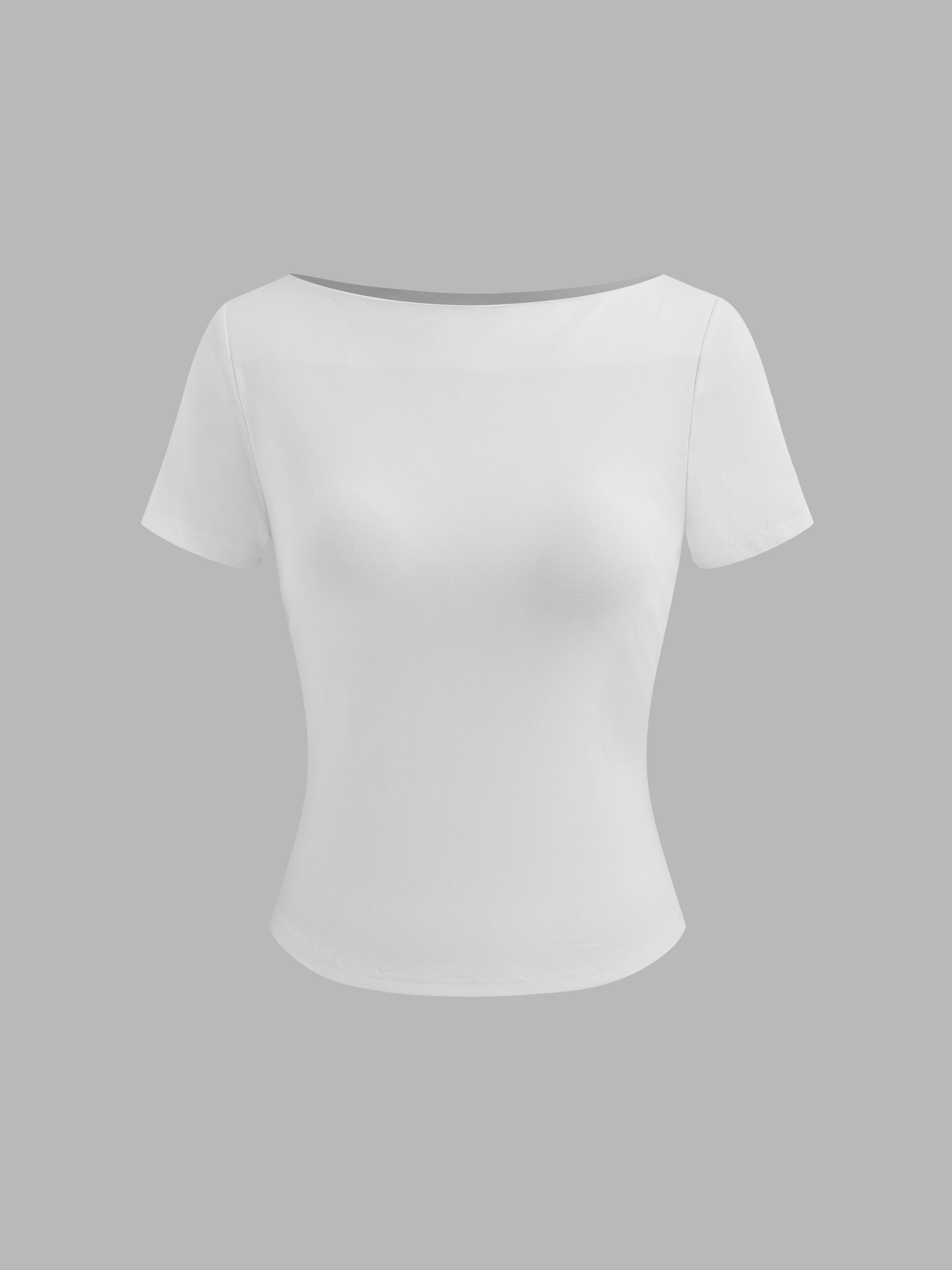 Cotton-blend Boat Neckline Solid Short Sleeve Tee by CIDER
