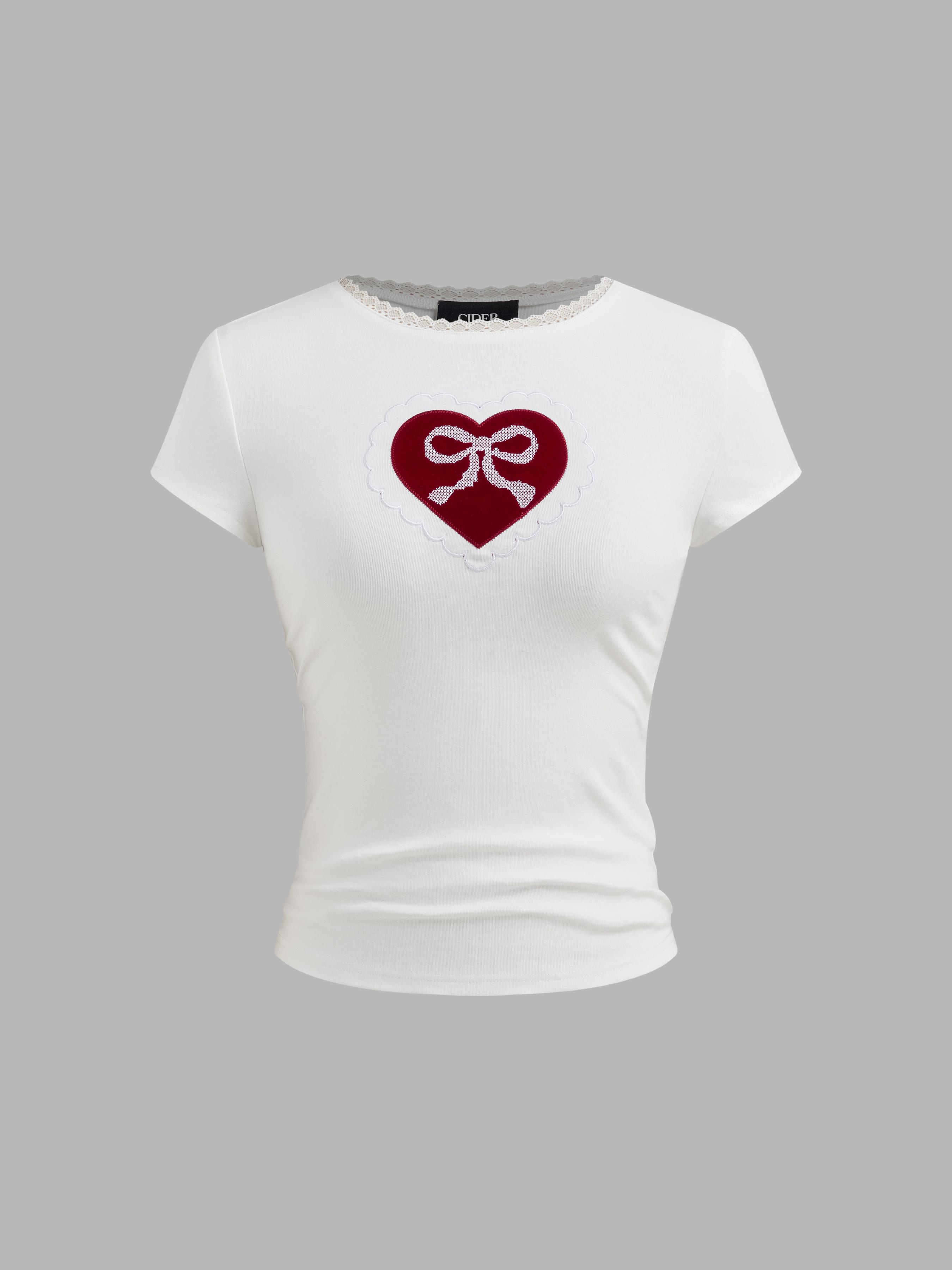 Cotton-blend Bowknot Heart Lace Trim Ruched Tee by CIDER