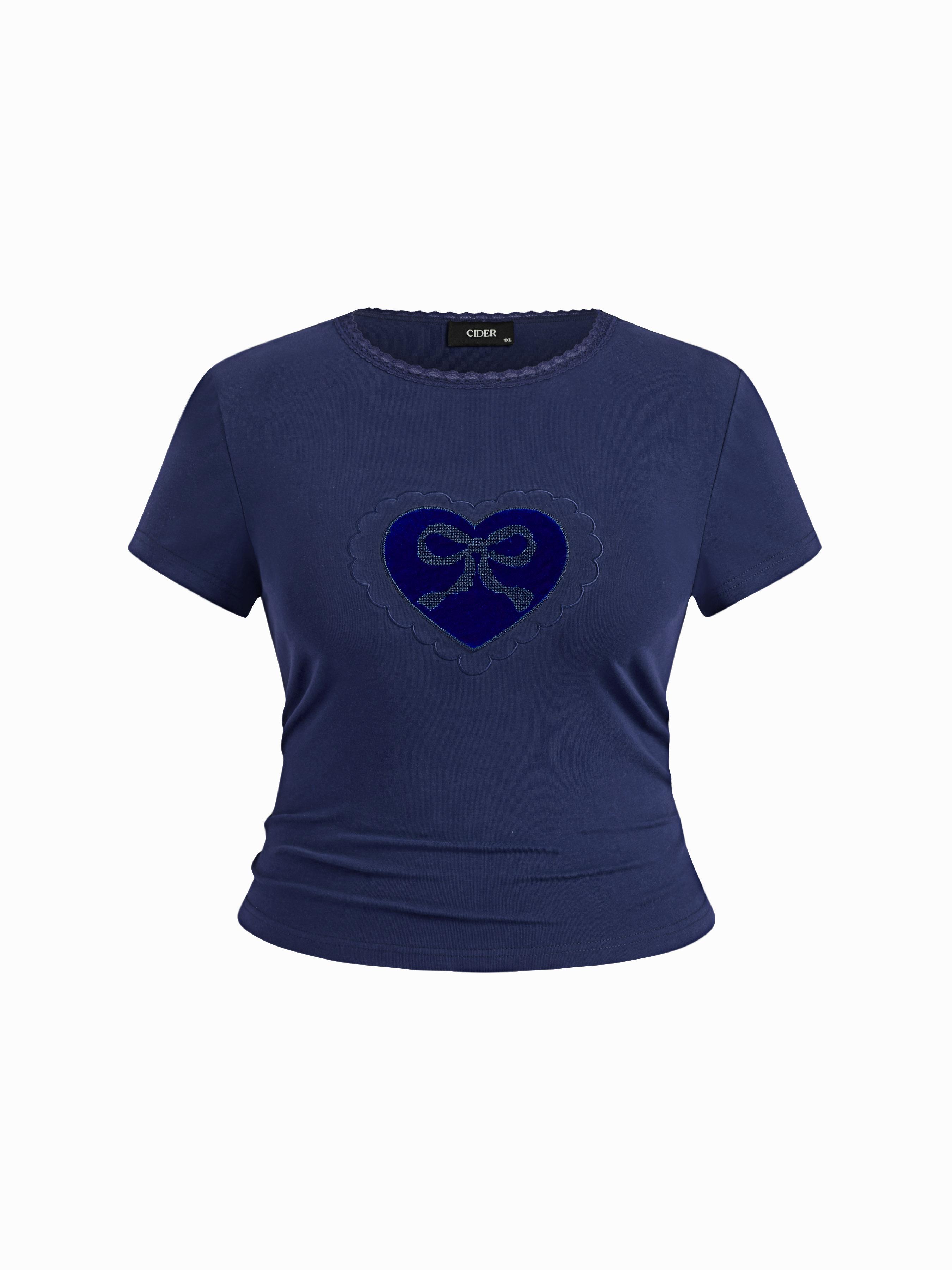 Cotton-blend Bowknot Heart Lace Trim Ruched Tee Curve & Plus by CIDER