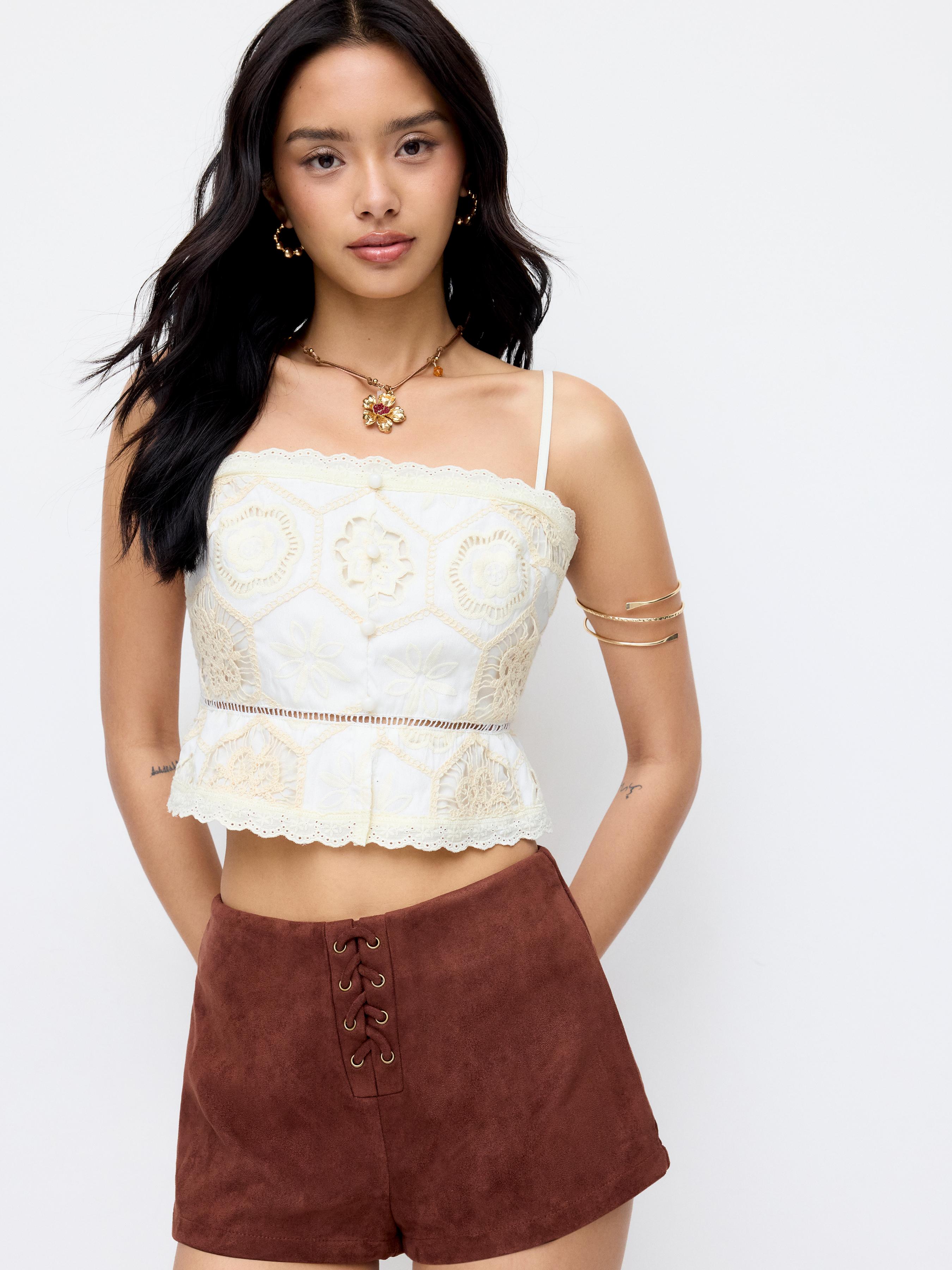 Cotton-blend Broderie Anglaise Lace Peplum Hem Cami Crop Top by CIDER