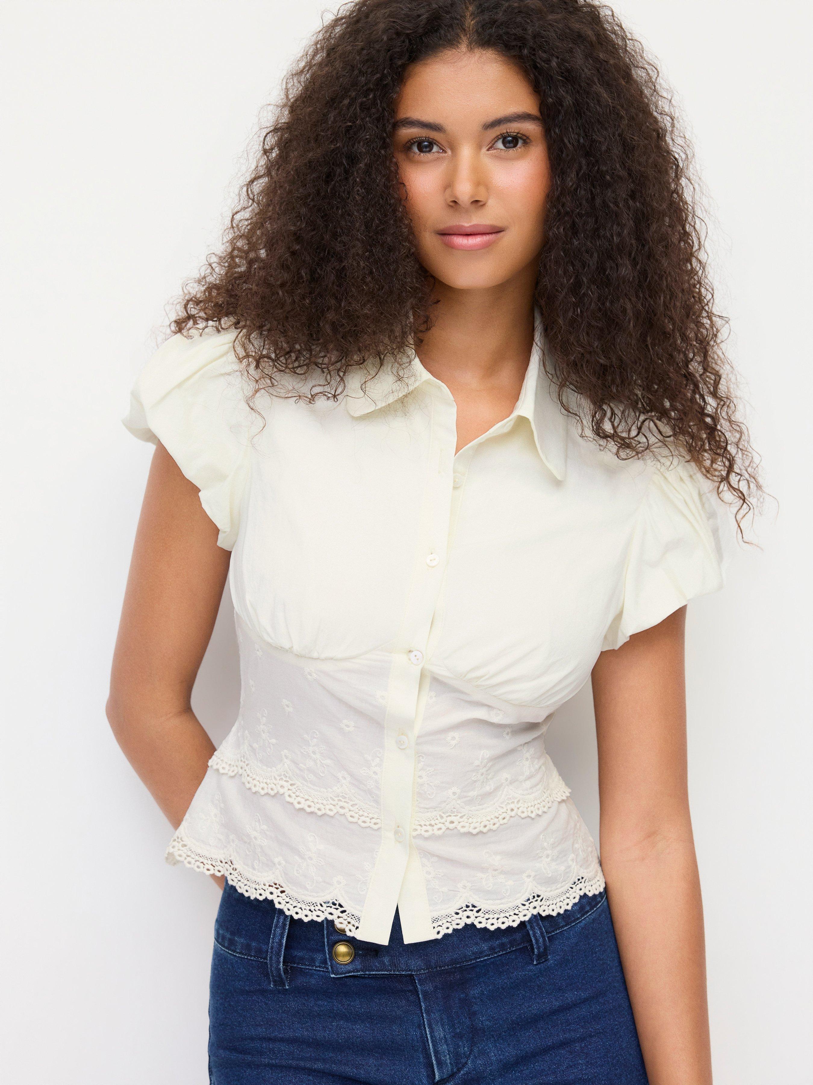 Cotton-blend Broderie Anglaise Puff Sleeve Scalloped Lace Trim Blouse by CIDER