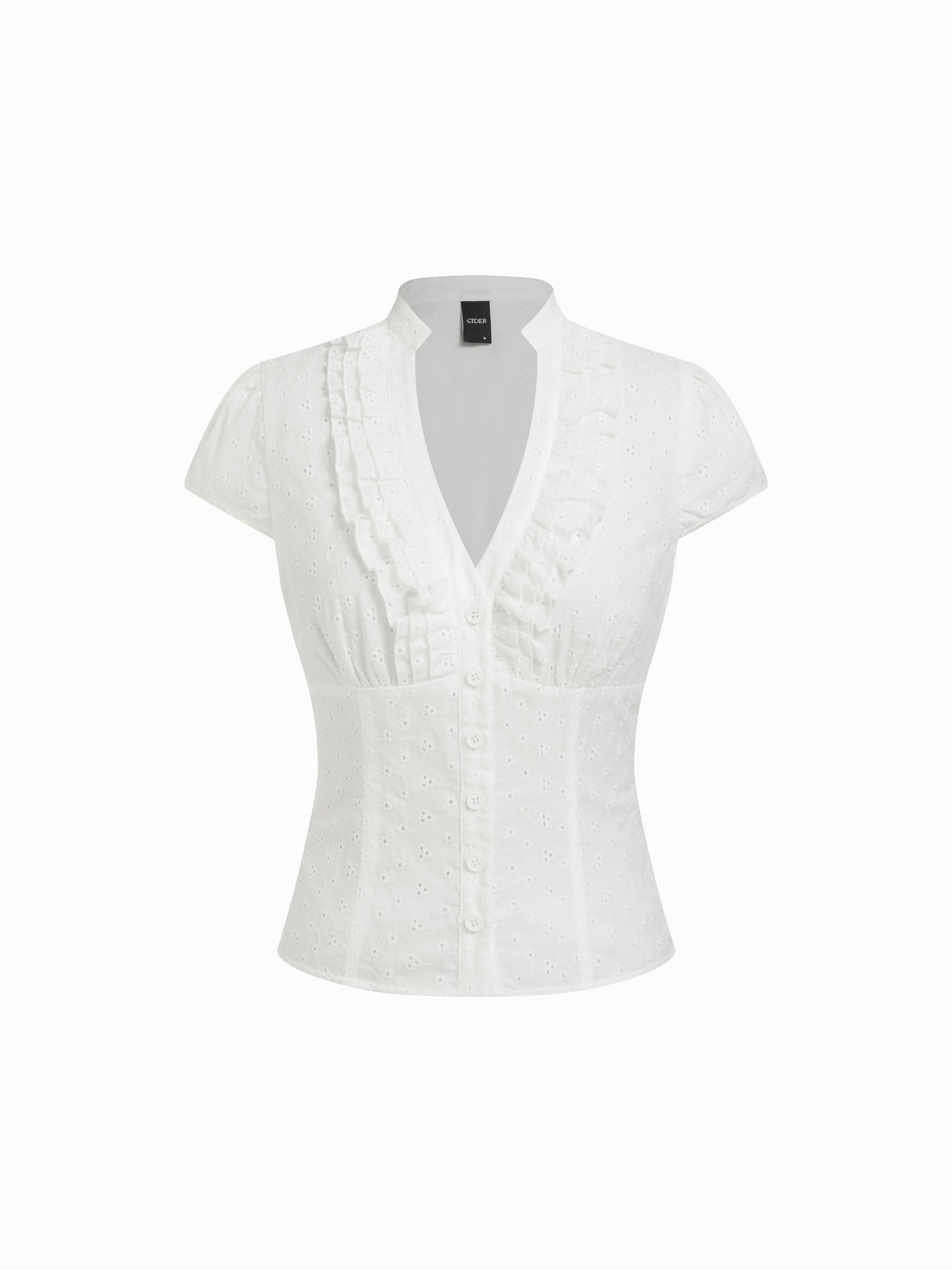 Cotton-blend Broderie Anglaise V-neck Ruffled Short Sleeve Blouse by CIDER
