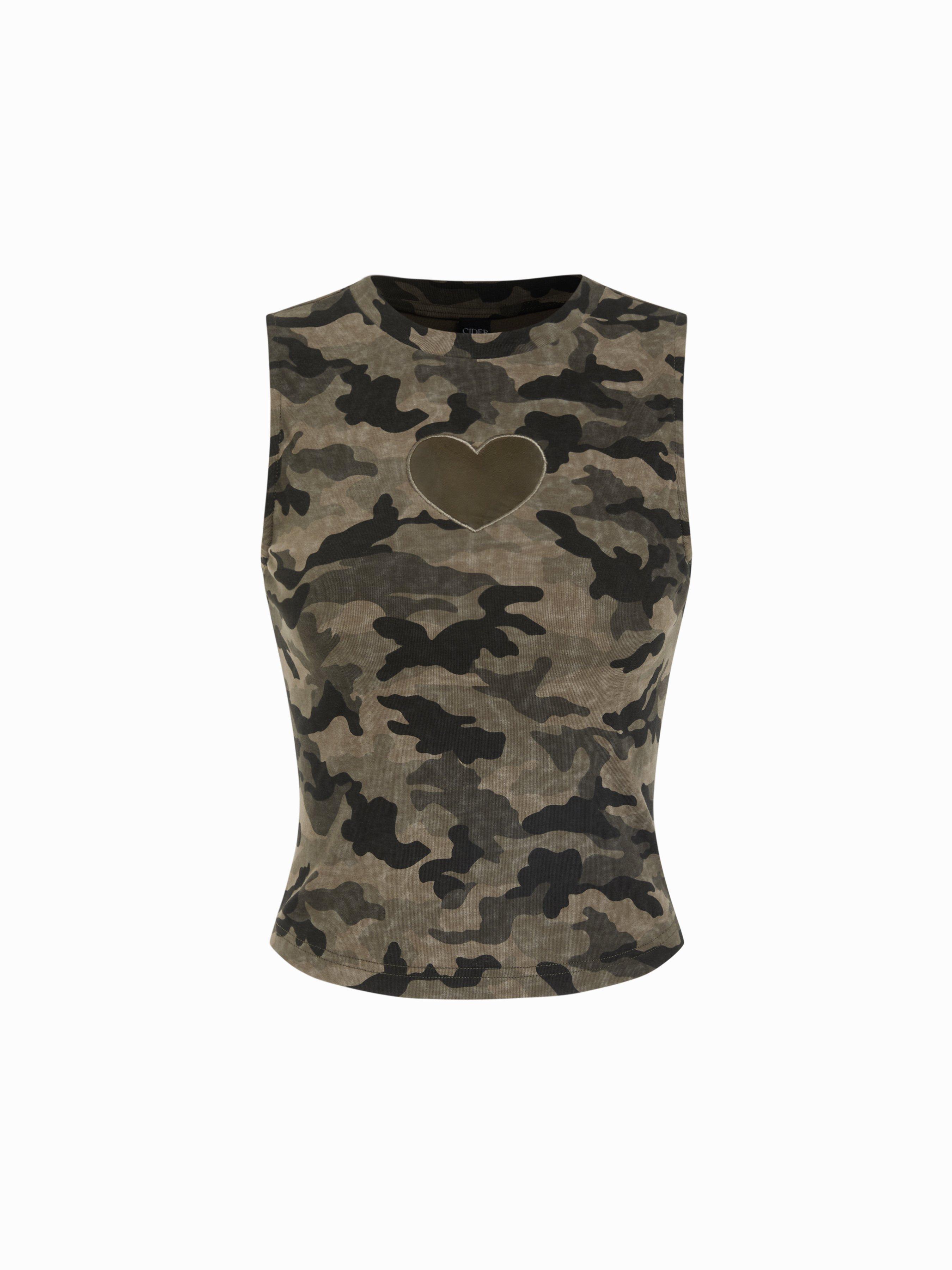 Cotton-blend Camo Heart Cut Out Tank Top by CIDER
