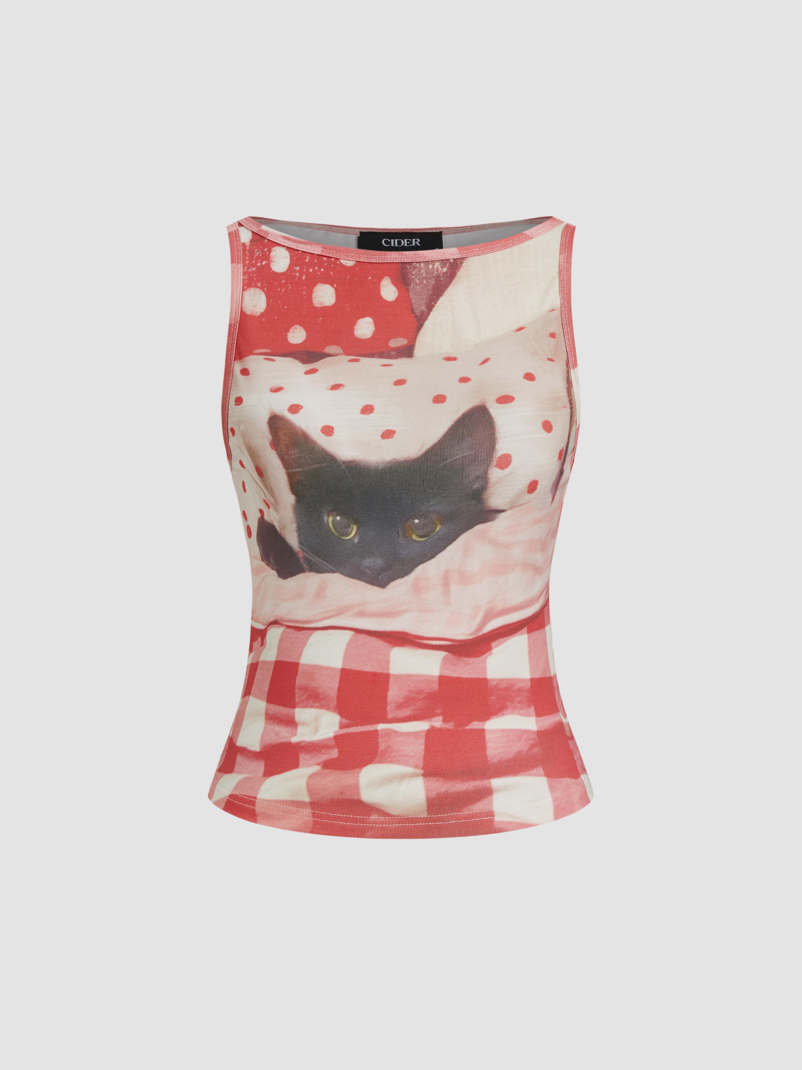 Cotton-blend Cat Graphic Gingham Ruched Tank Top by CIDER
