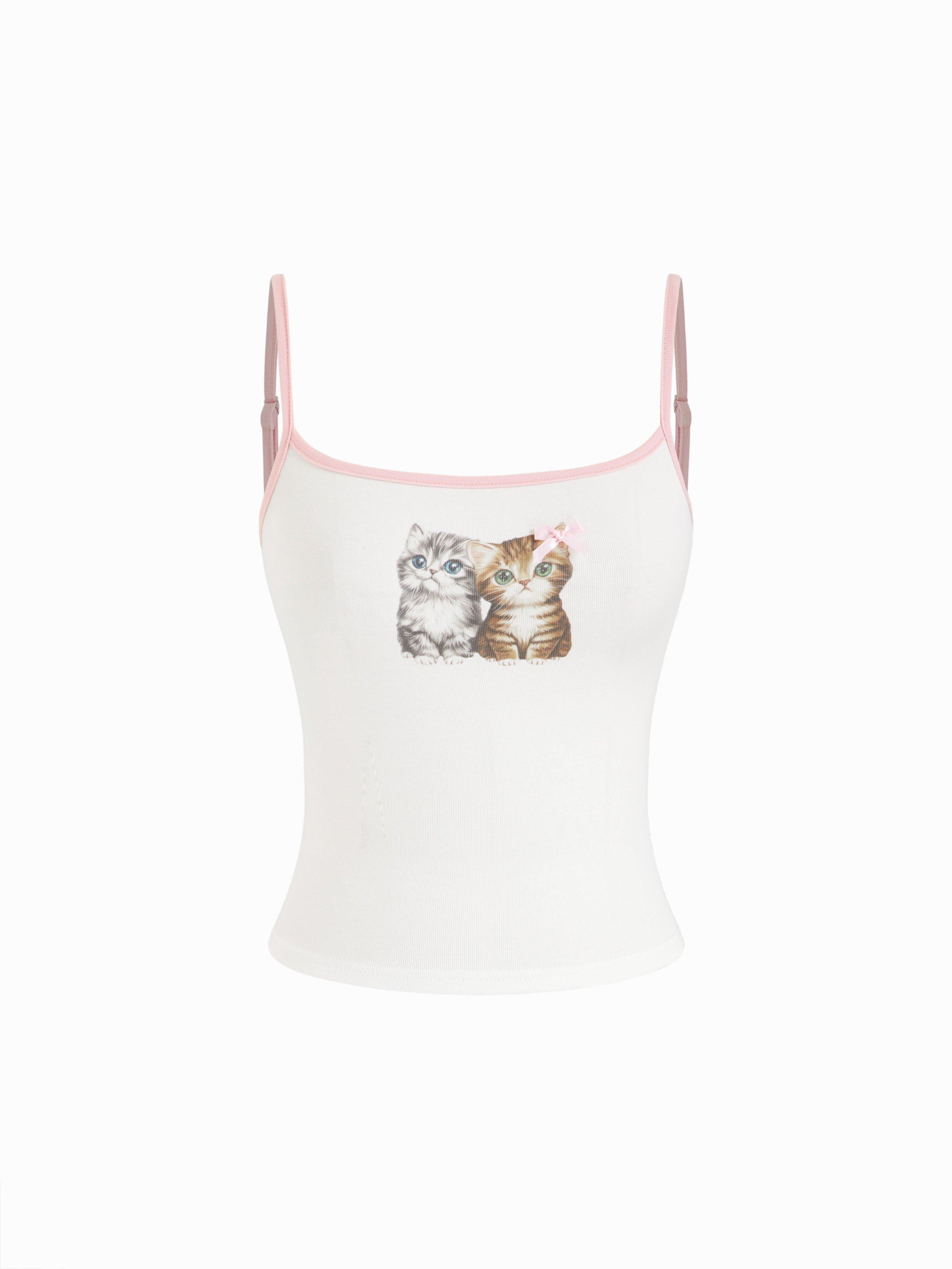 Cotton-blend Cat Graphic Scoop Neck Contrasting Binding Bowknot Cami Top by CIDER