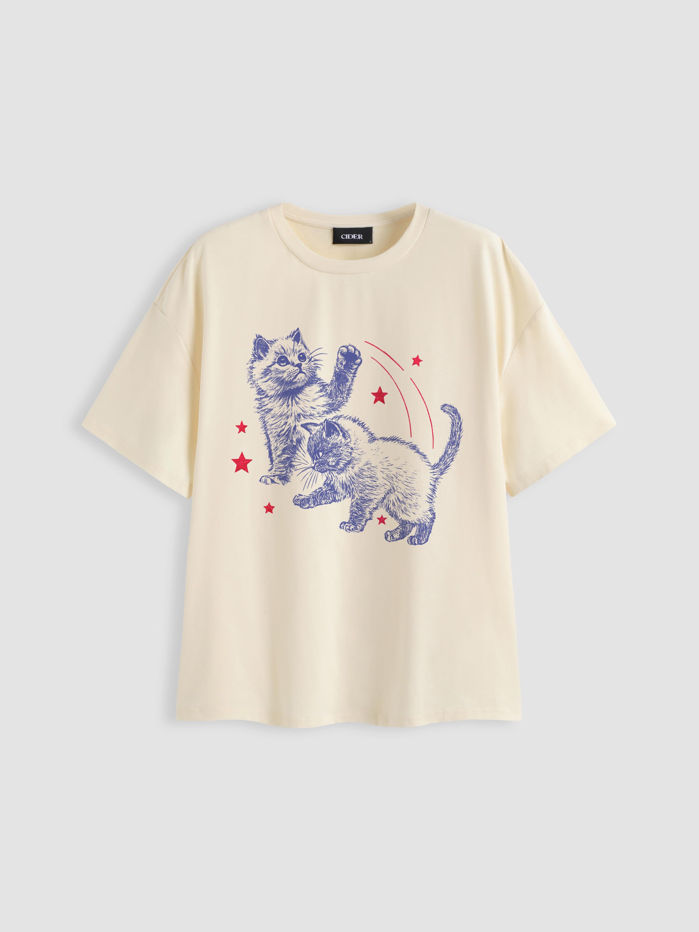 Cotton-blend Cat Oversized Short Sleeve Tee by CIDER
