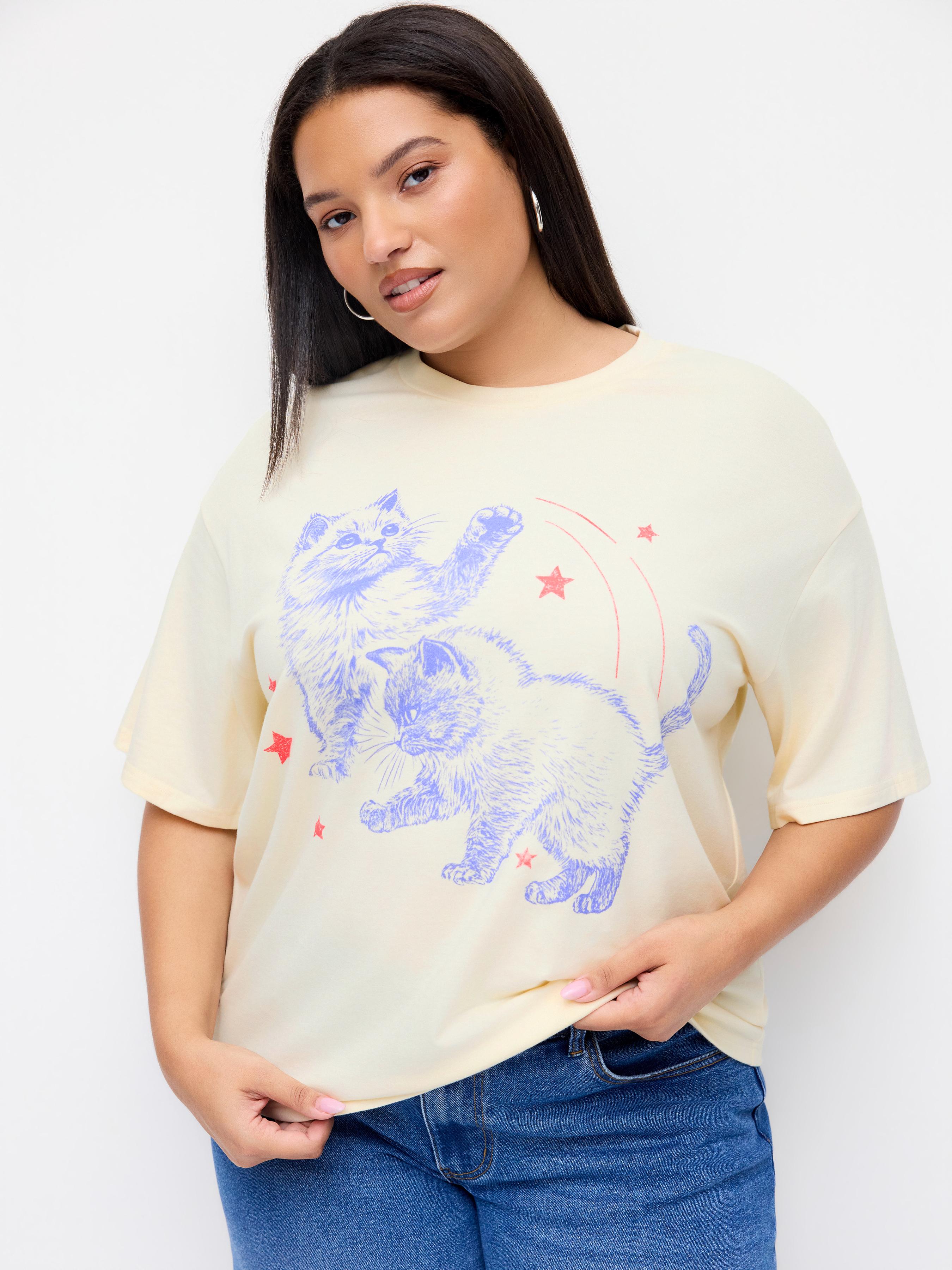Cotton-blend Cat Oversized Short Sleeve Tee Curve & Plus by CIDER