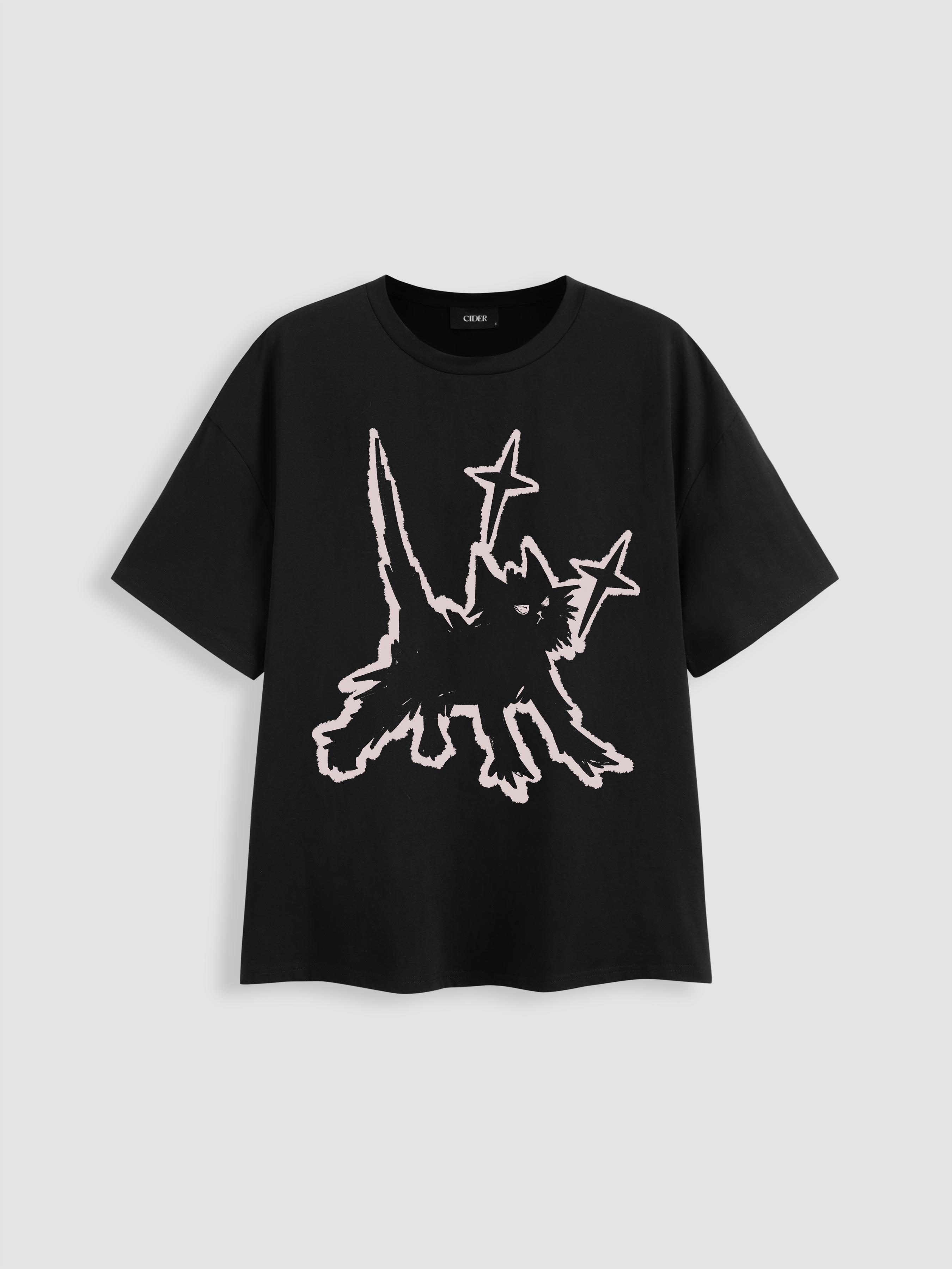 Cotton-blend Cat Oversized Short Sleeve Tee by CIDER