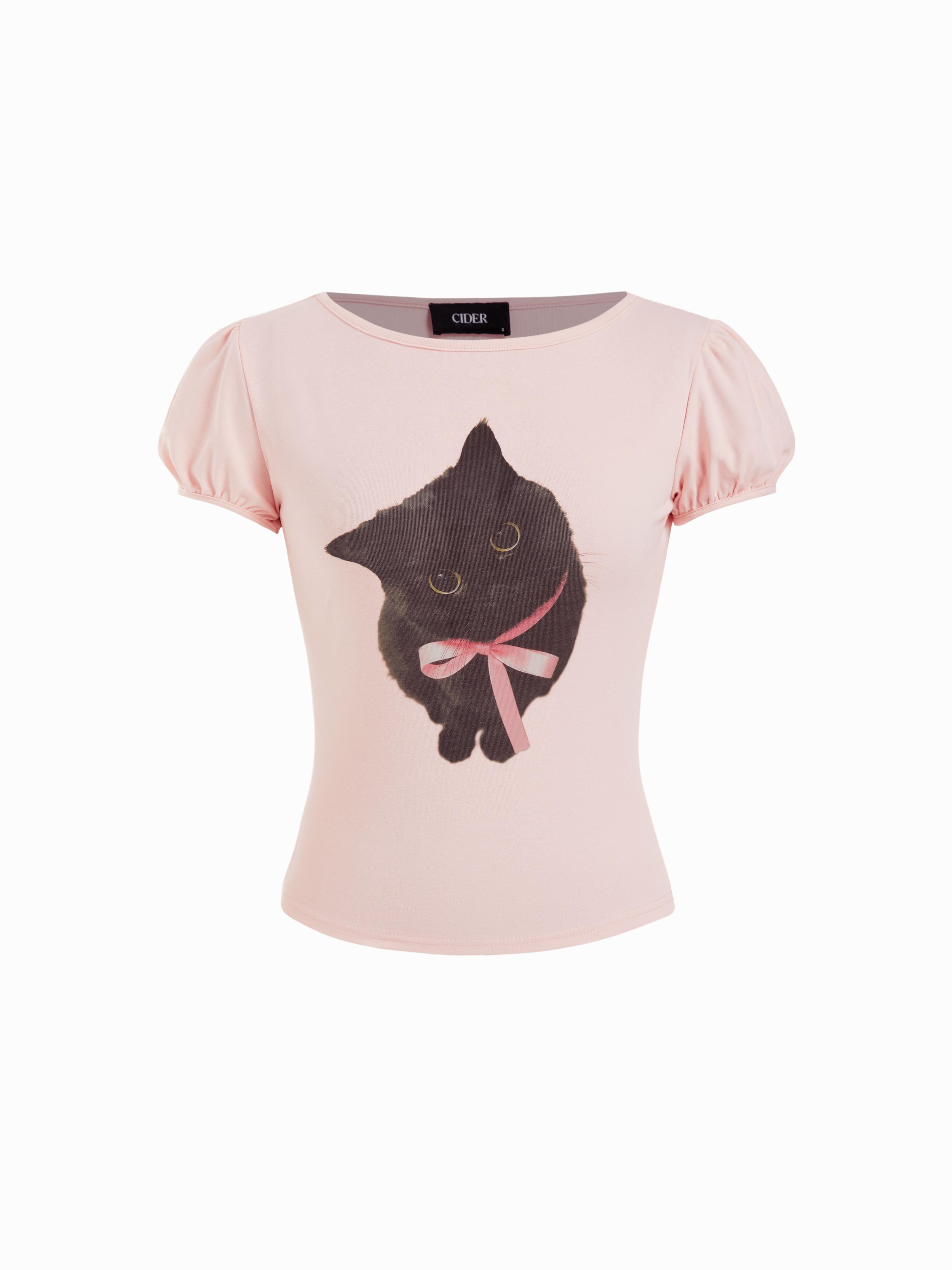 Cotton-blend Cat Print Boat Neck Puff Sleeve Top by CIDER