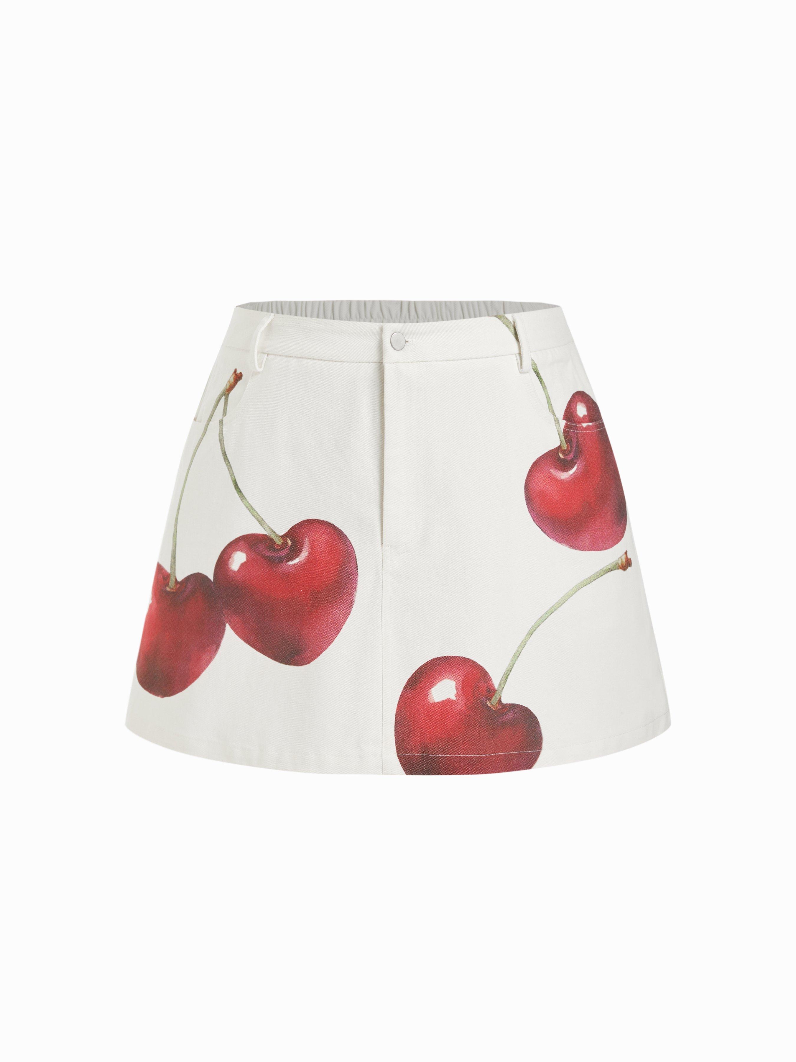 Cotton-blend Cherry Graphic Mid Rise A-line Mini Skirt Curve & Plus by CIDER