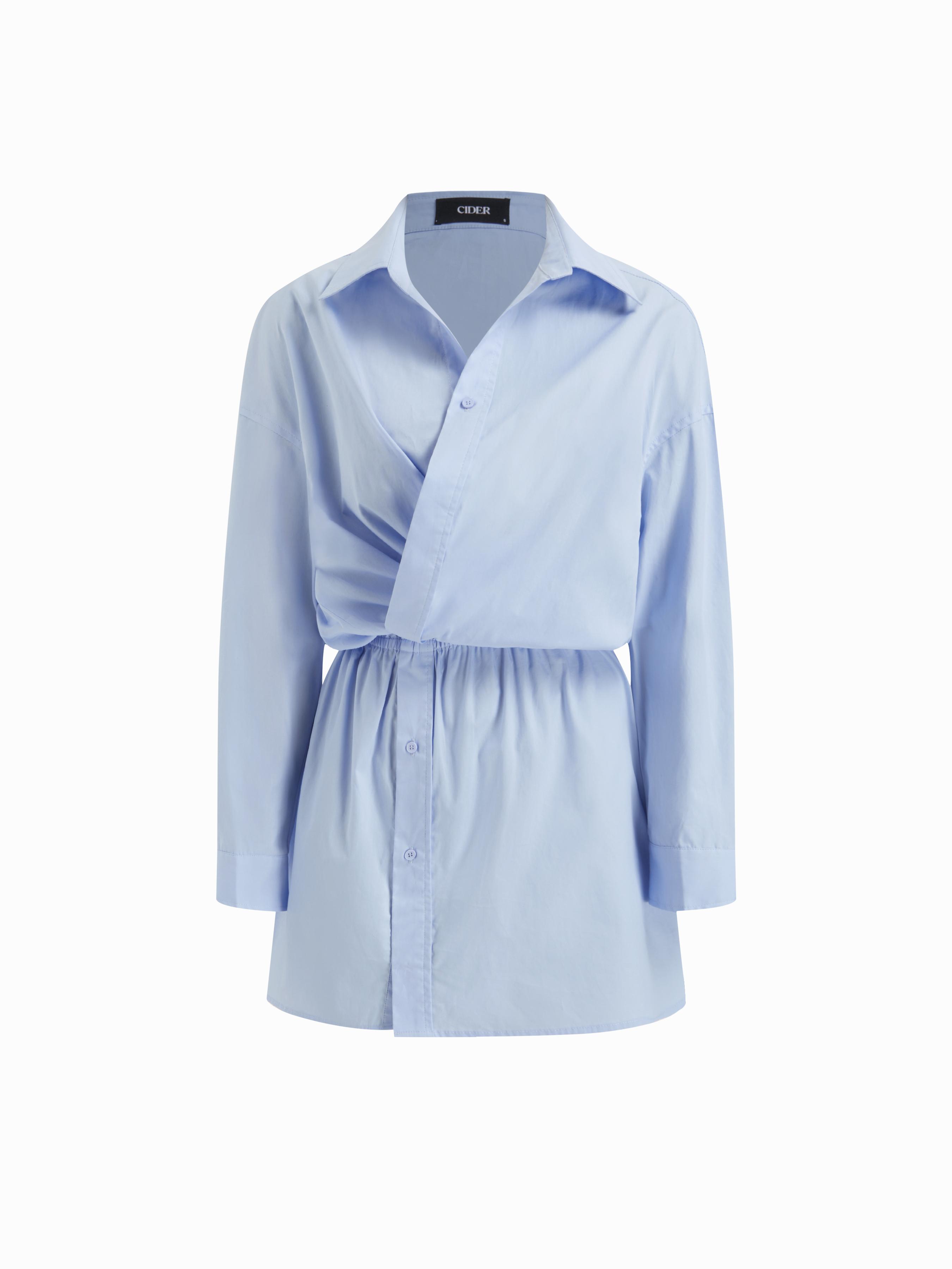 Cotton-blend Collar Asymmetrical Button Ruched Shirred Mini Dress by CIDER