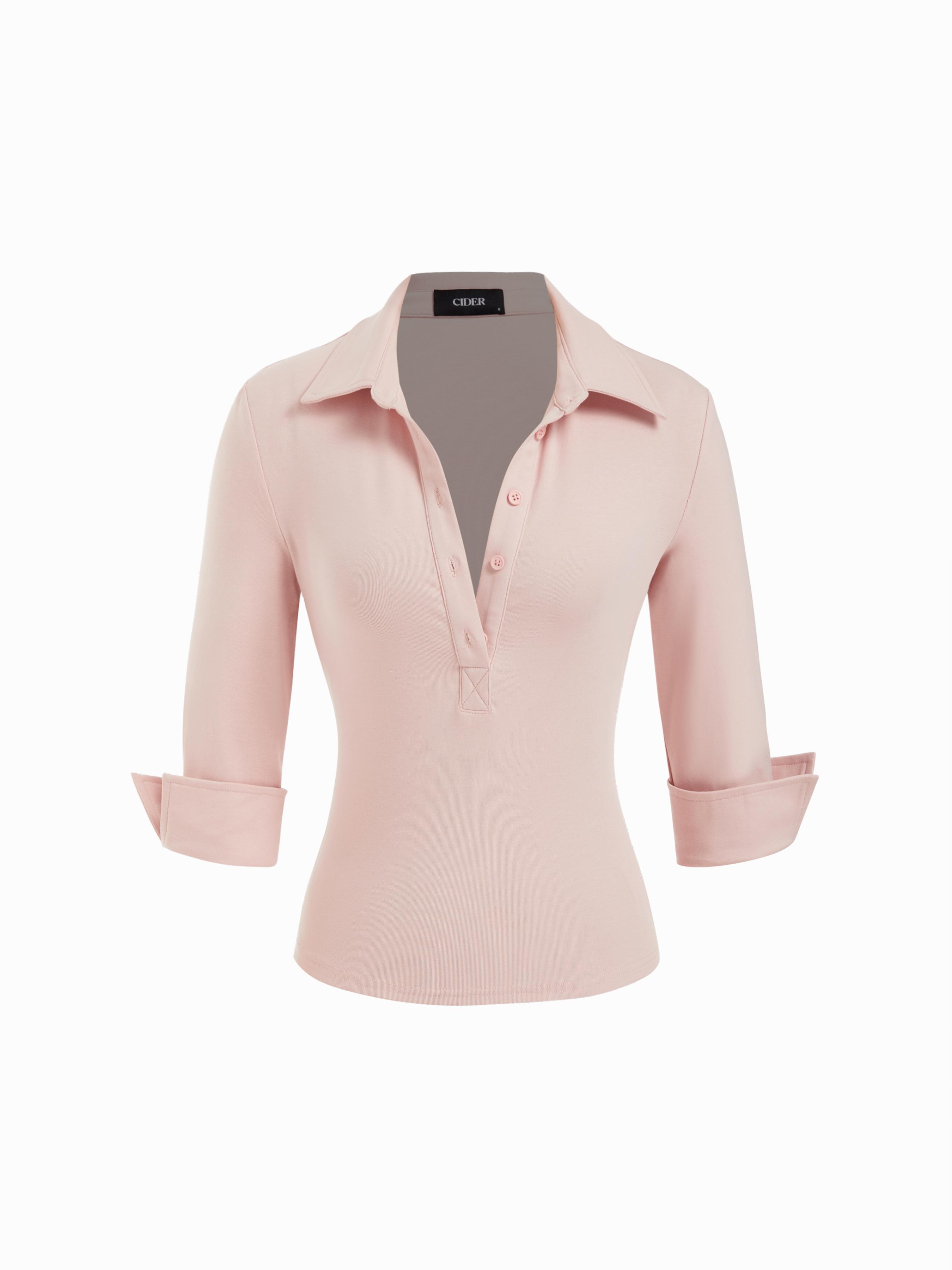 Cotton-blend Collar Button-front Mid Sleeve Top by CIDER