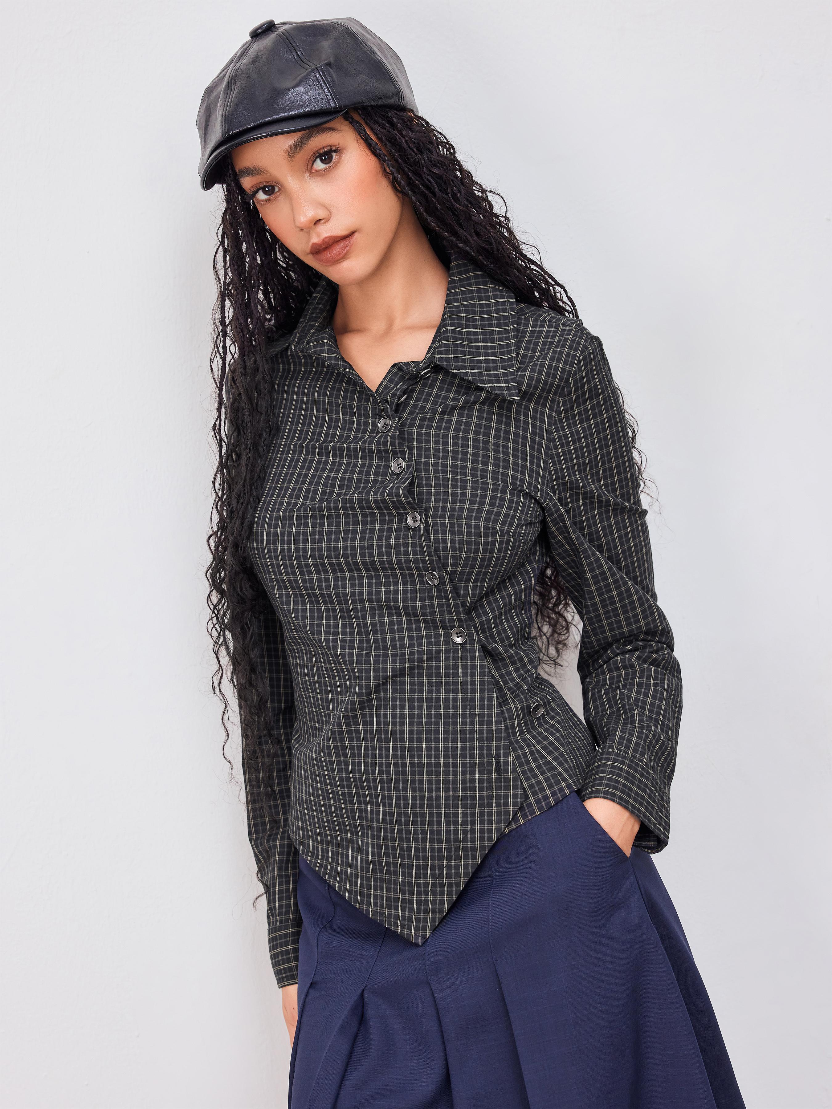 Cotton-blend Collar Check Asymmetrical Wrap Blouse by CIDER
