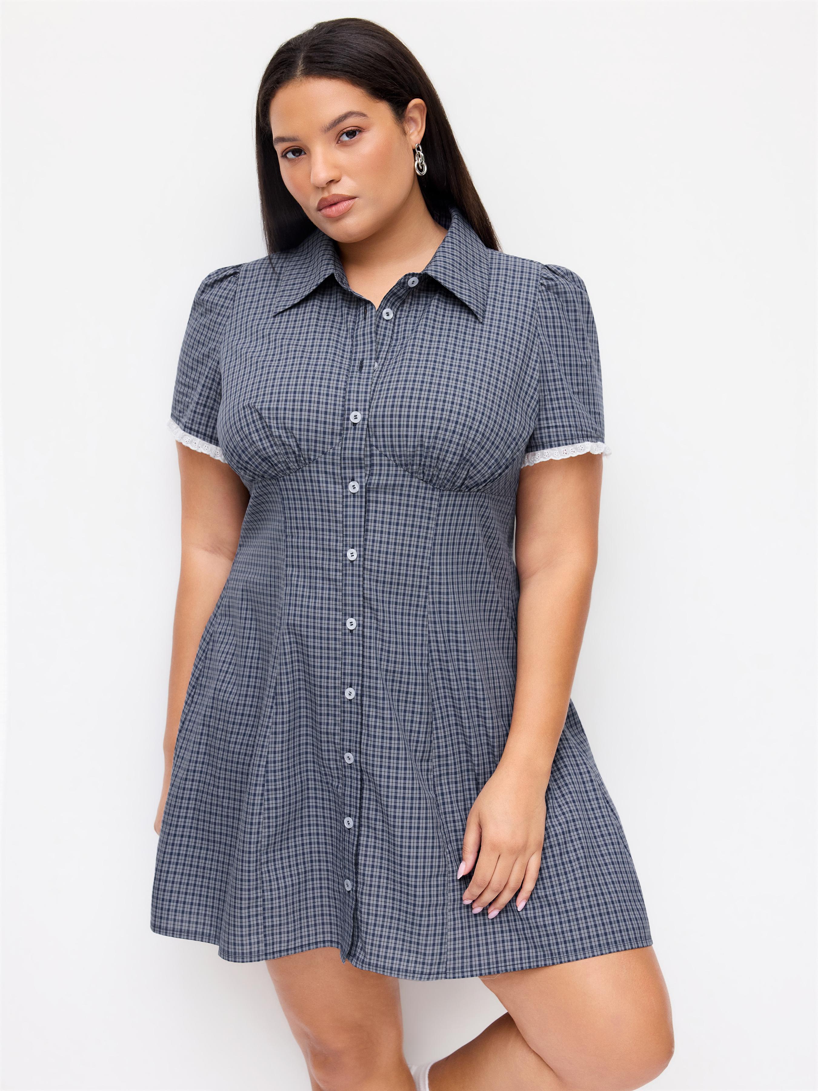 Cotton-blend Collar Check Shirred Mini Dress Curve & Plus by CIDER