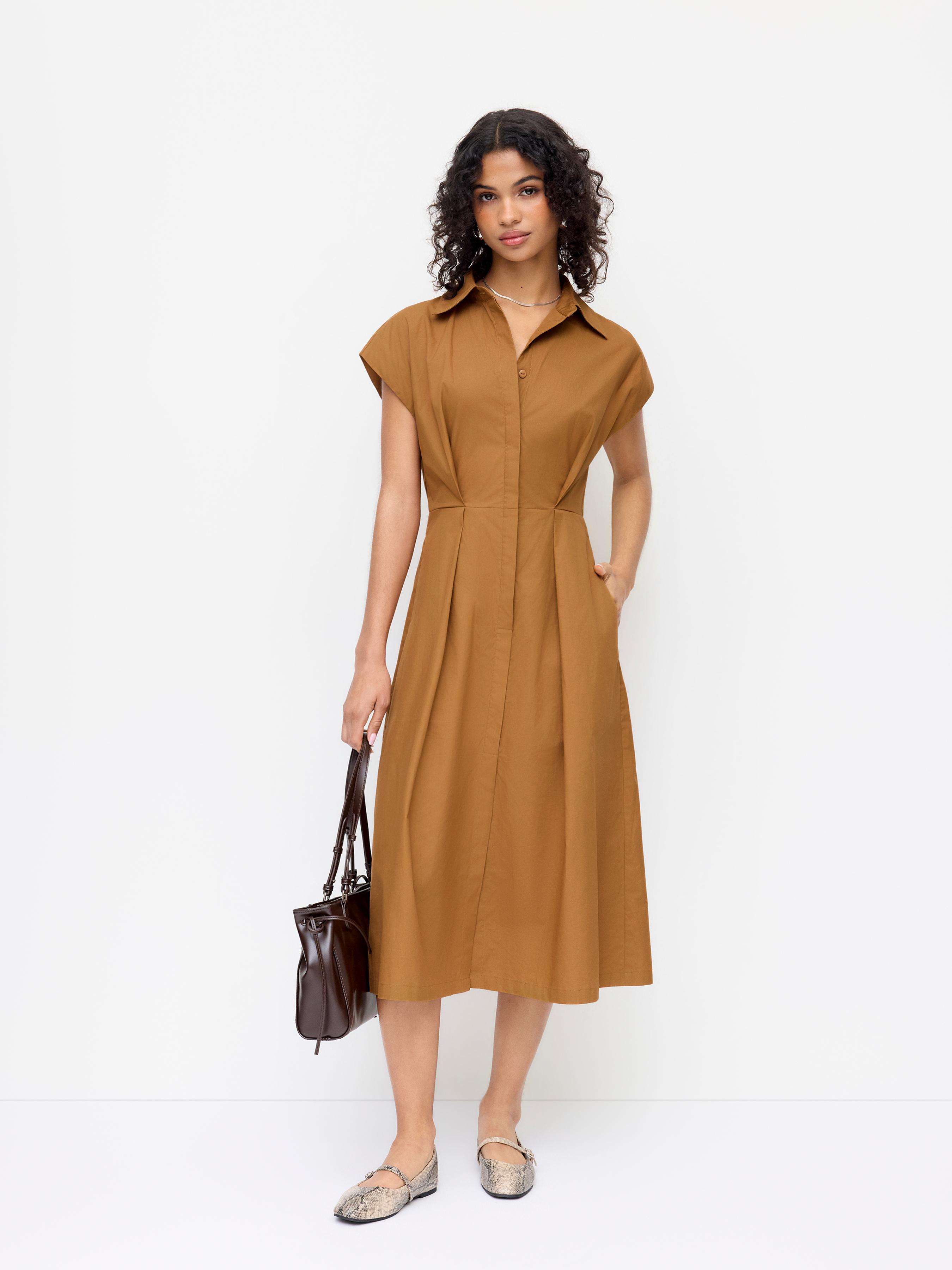 Cotton-blend Collar Cinched Waist Shirt Midi Dress by CIDER