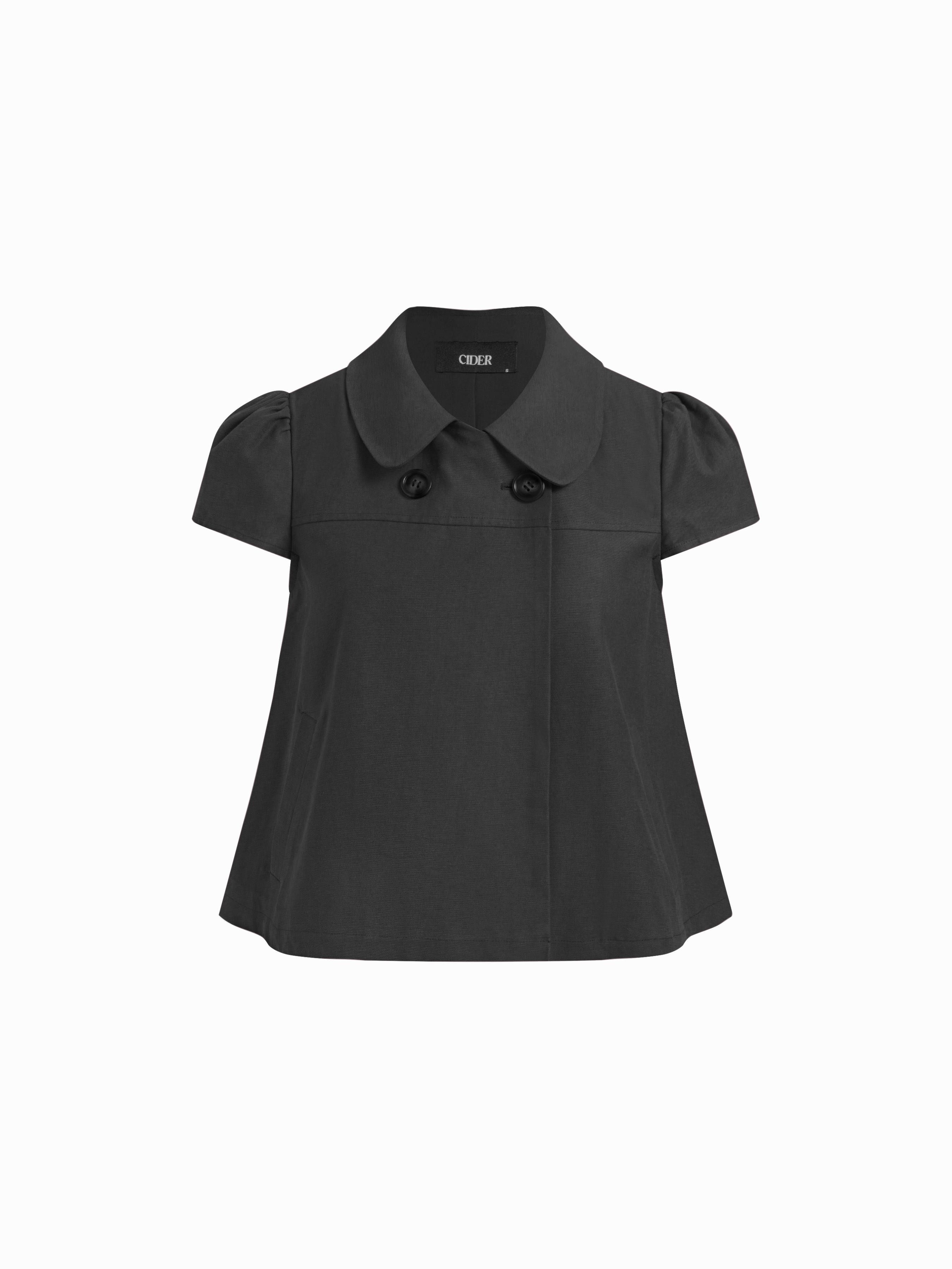 Cotton-blend Collar Double Breasted Short Puff Sleeve Oversized Blouse by CIDER