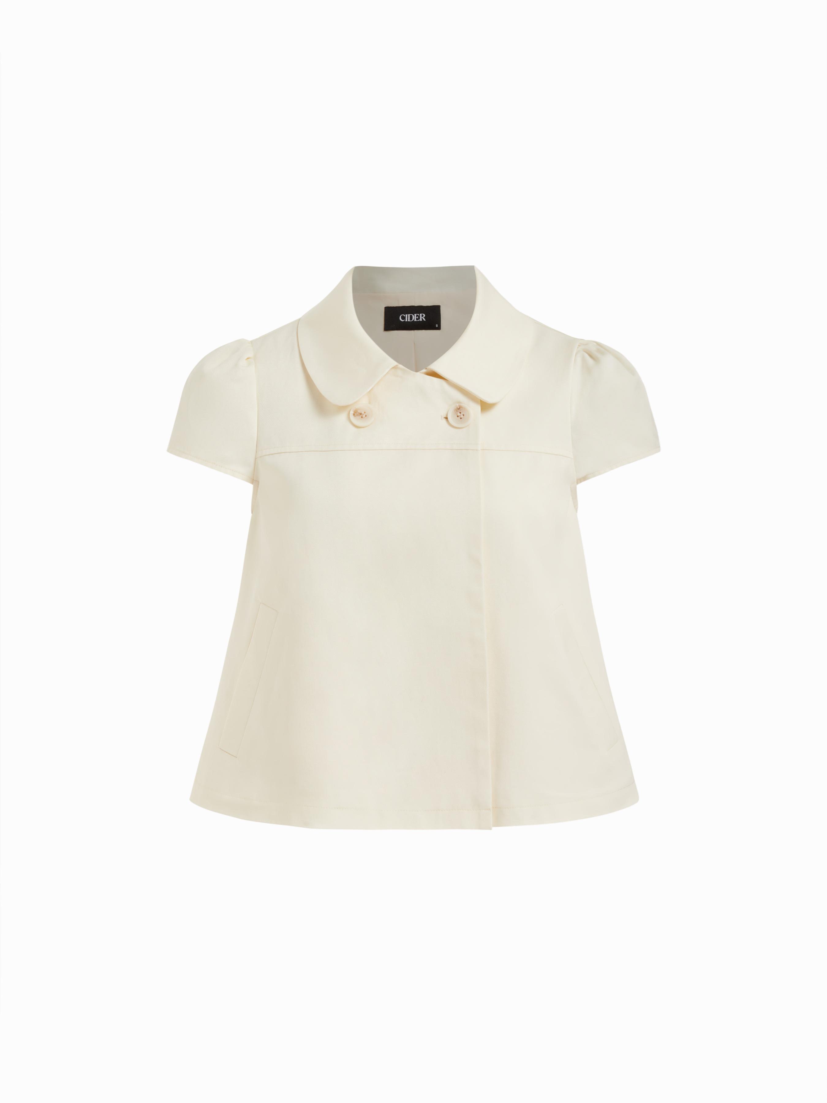 Cotton-blend Collar Double Breasted Short Puff Sleeve Oversized Blouse by CIDER
