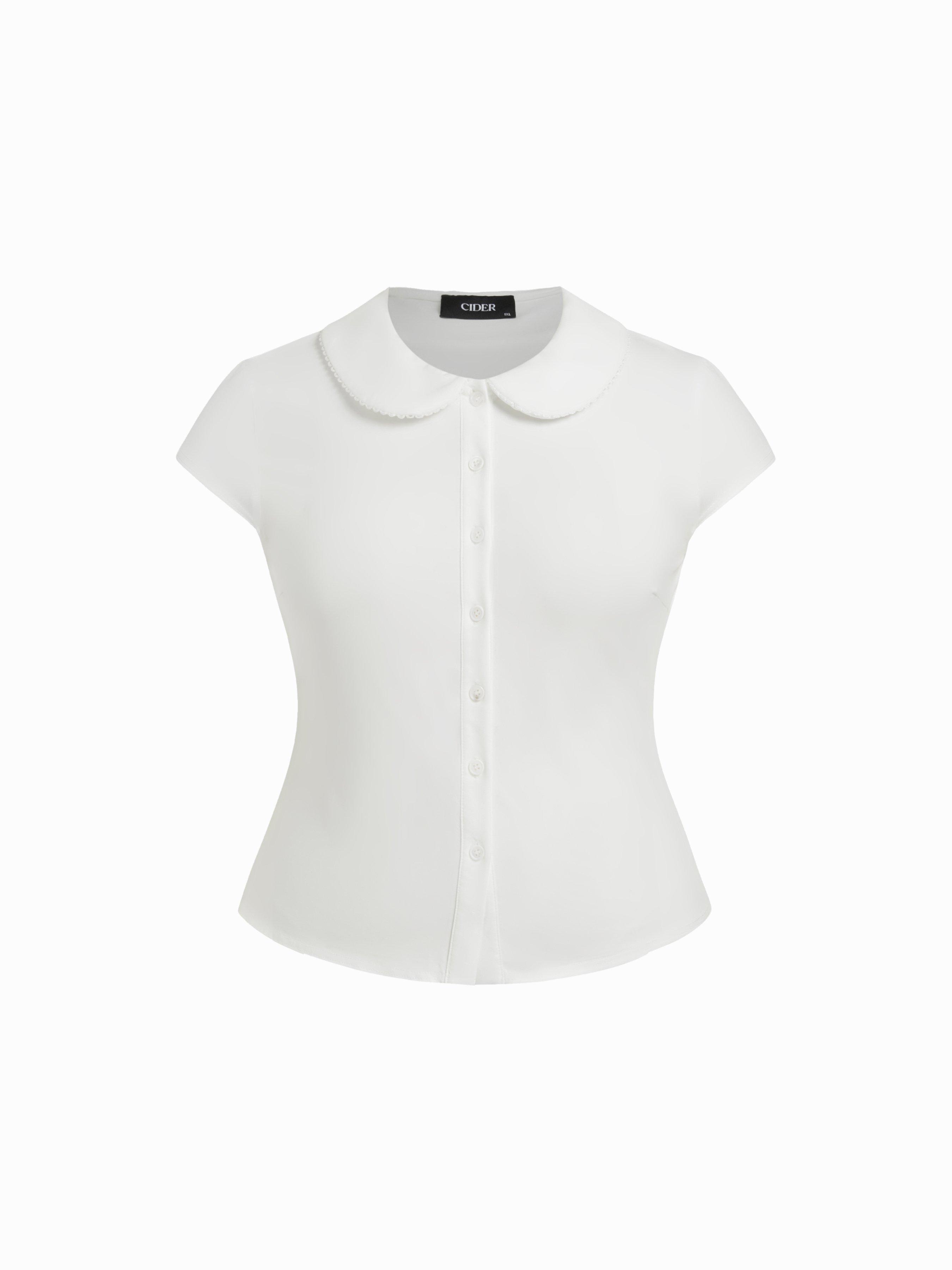 Cotton-blend Collar Lace Trim Button Front Tee Curve & Plus by CIDER