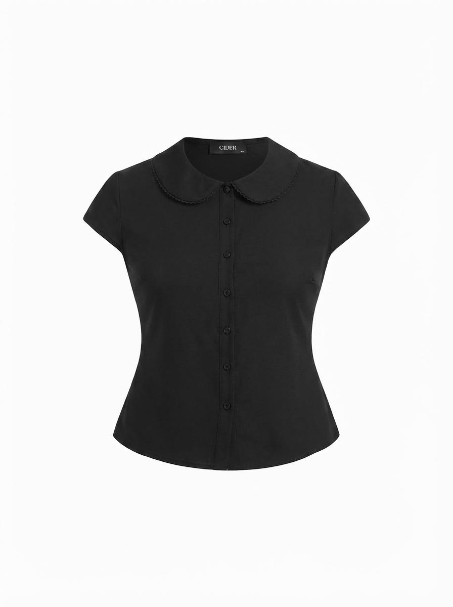 Cotton-blend Collar Lace Trim Button Front Tee Curve & Plus by CIDER