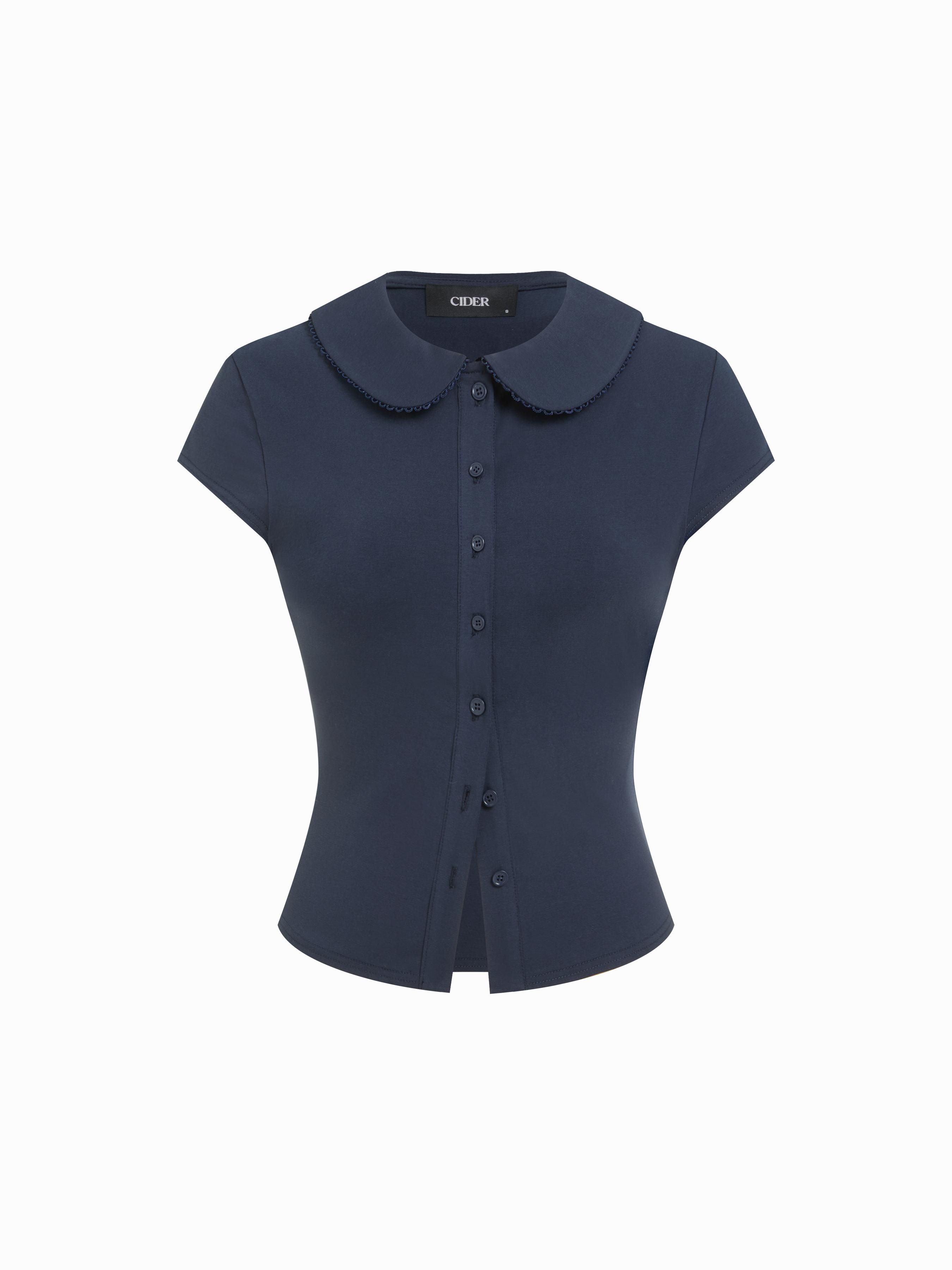 Cotton-blend Collar Lace Trim Button Front Tee by CIDER