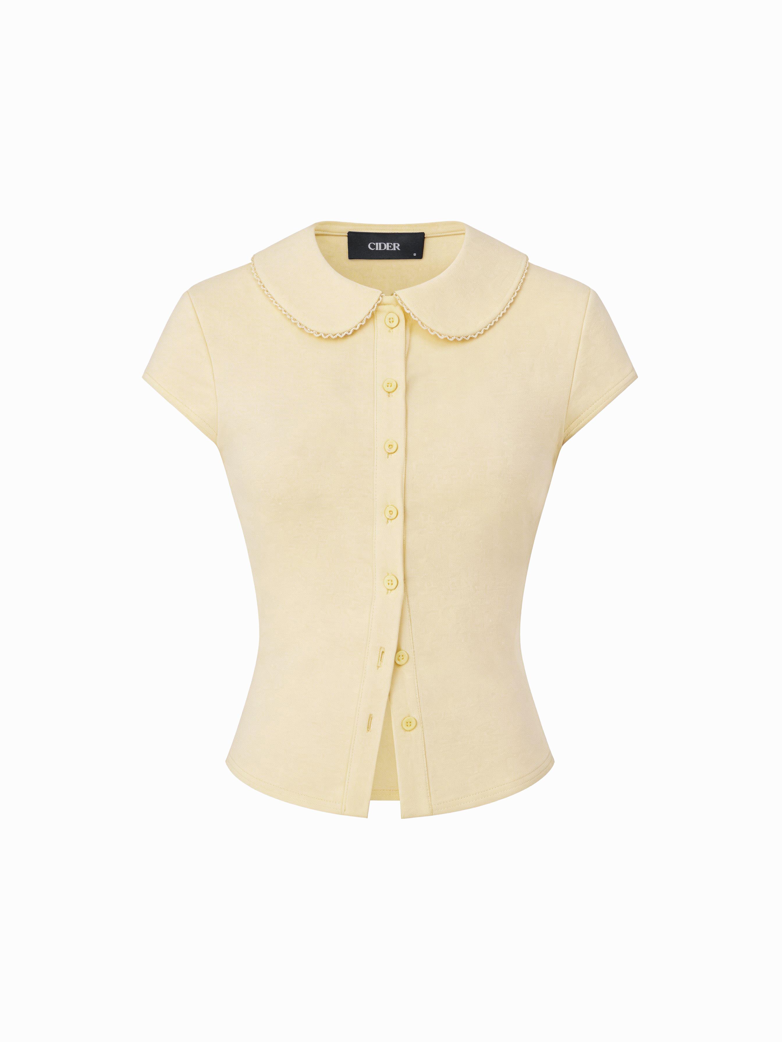 Cotton-blend Collar Lace Trim Button Front Tee by CIDER