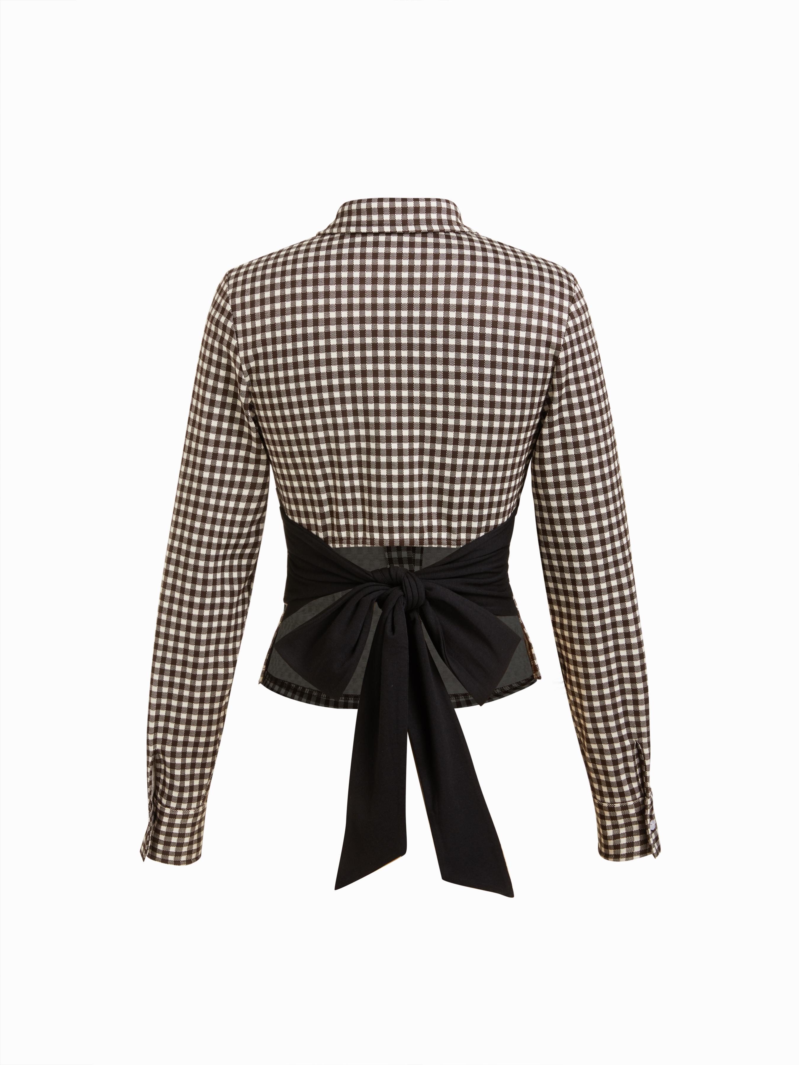 Cotton-blend Collar Long Sleeve Gingham & Bowknot & Two Tone Blouse by CIDER