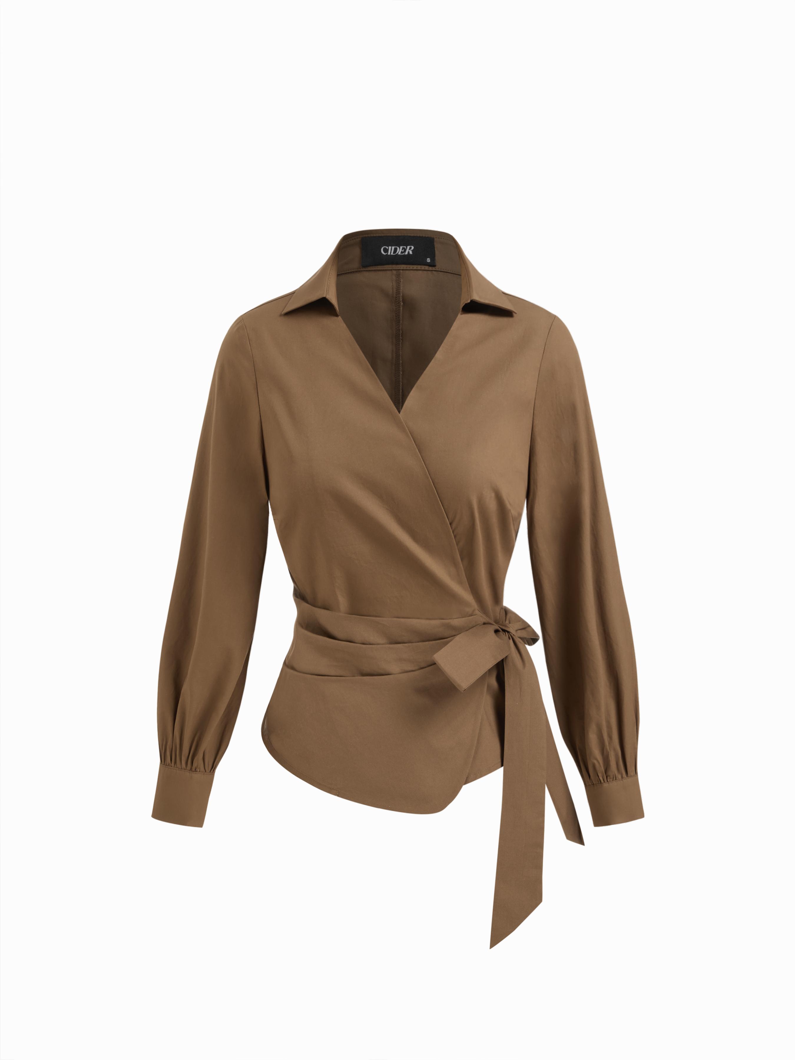 Cotton-blend Collar Long Sleeve Wrap Tie Side Shirt by CIDER