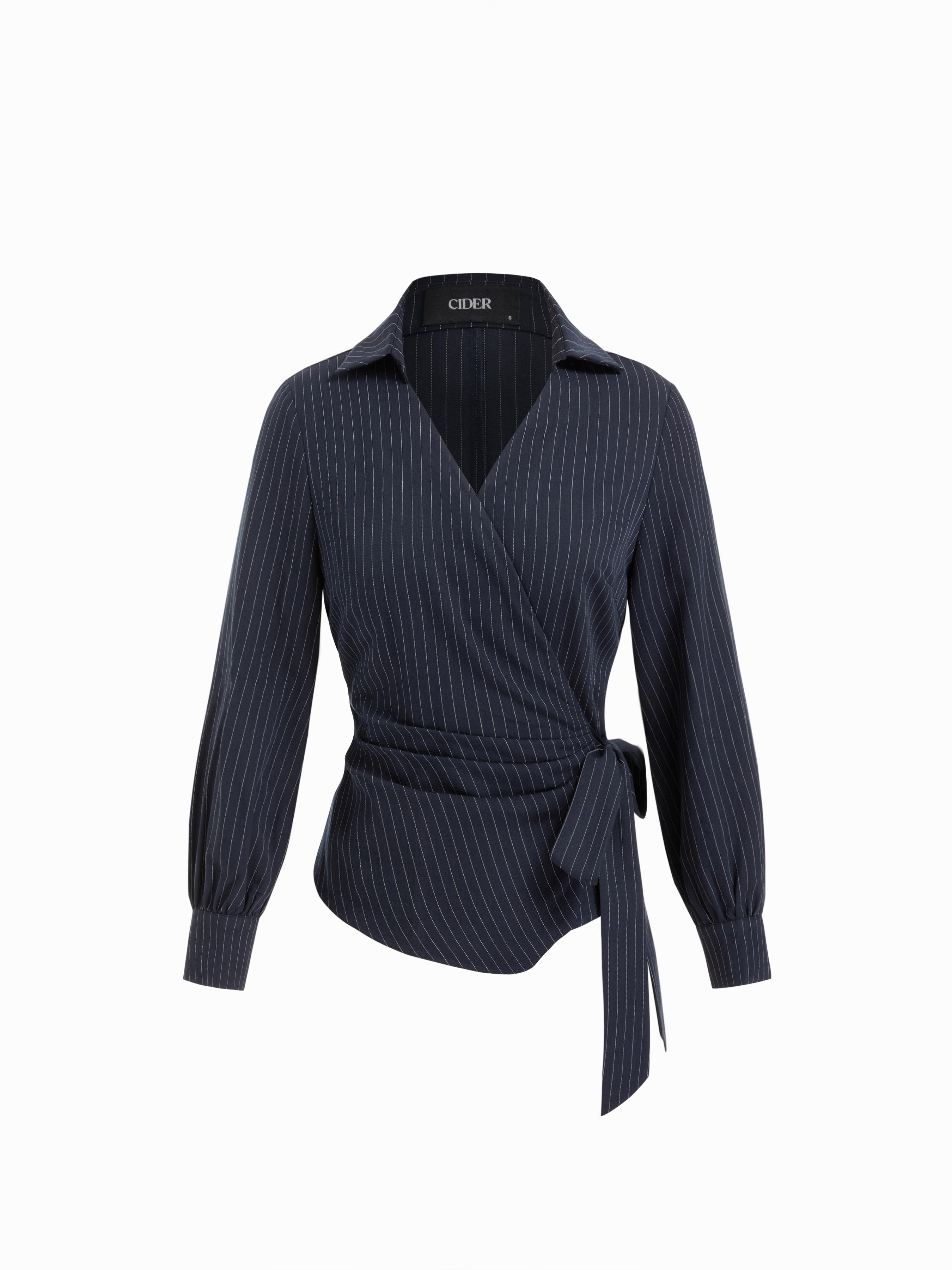 Cotton-blend Collar Long Sleeve Wrap Tie Side Shirt by CIDER