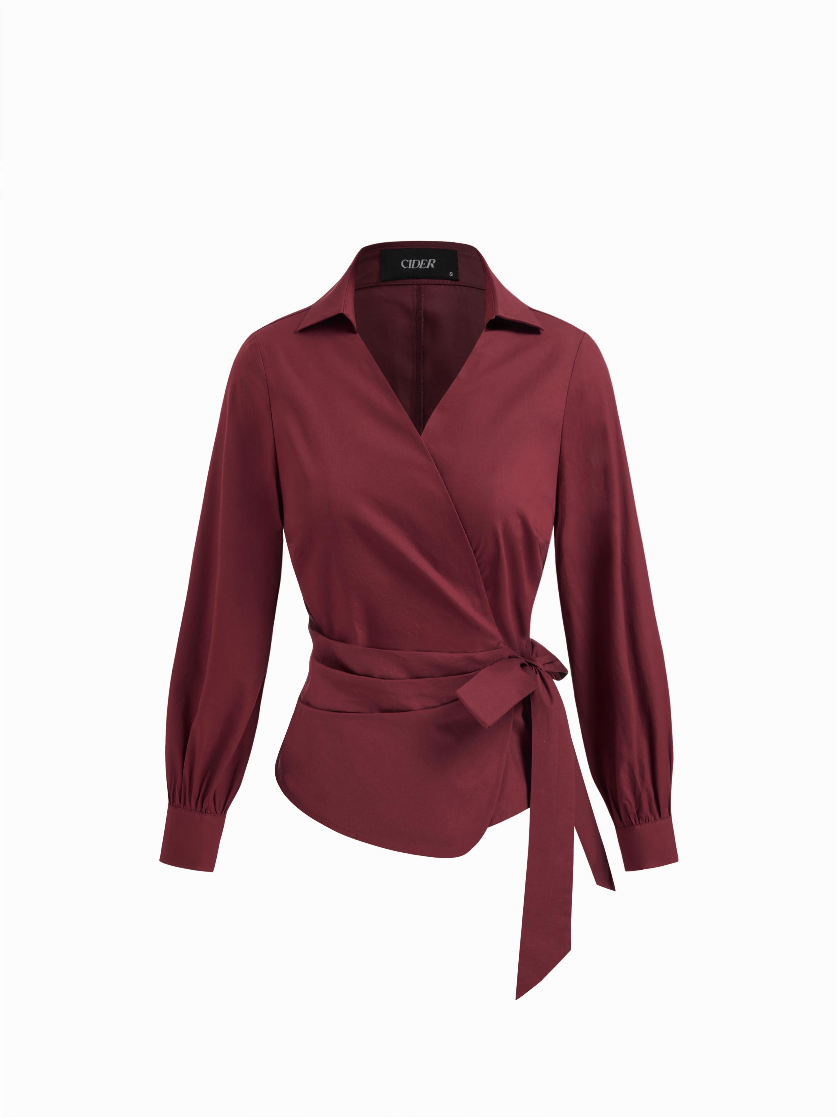 Cotton-blend Collar Long Sleeve Wrap Tie Side Shirt by CIDER