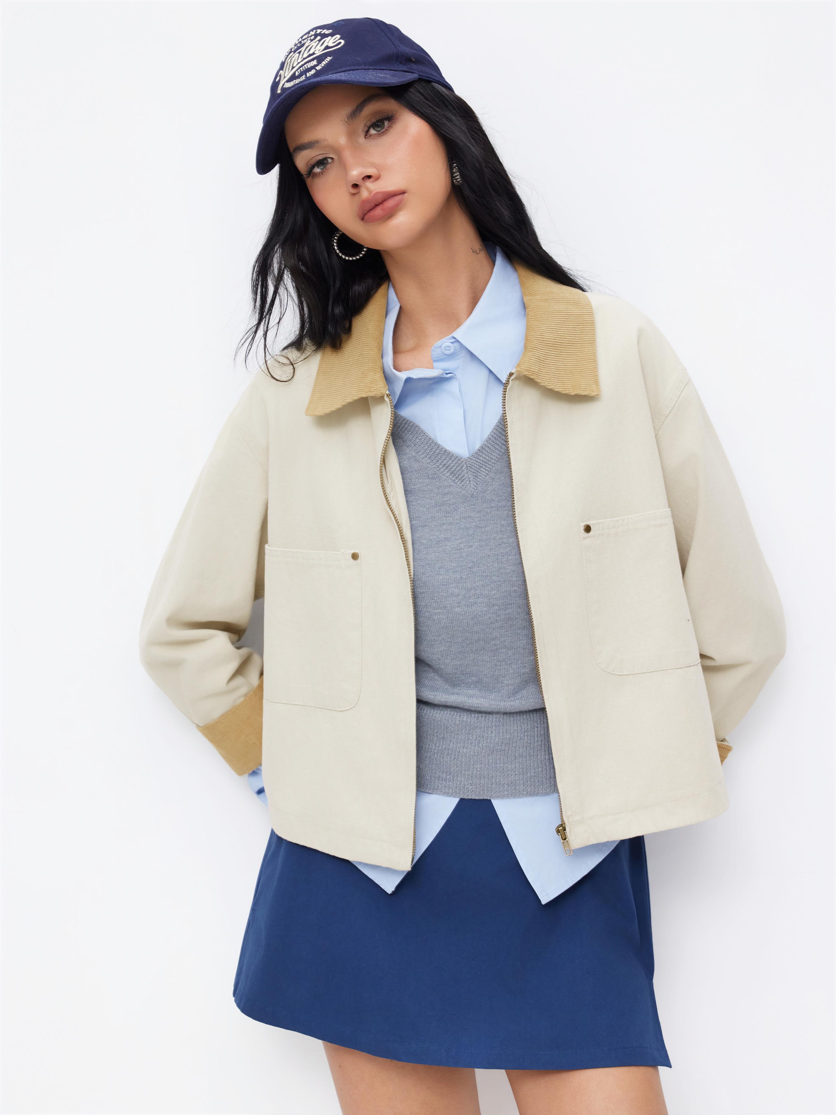 Cotton-blend Collar Long Sleeve Zip Through Two Tone Jacket by CIDER Cotton-blend Collar Long Sleeve Zip Through Two Tone Jacket by CIDER