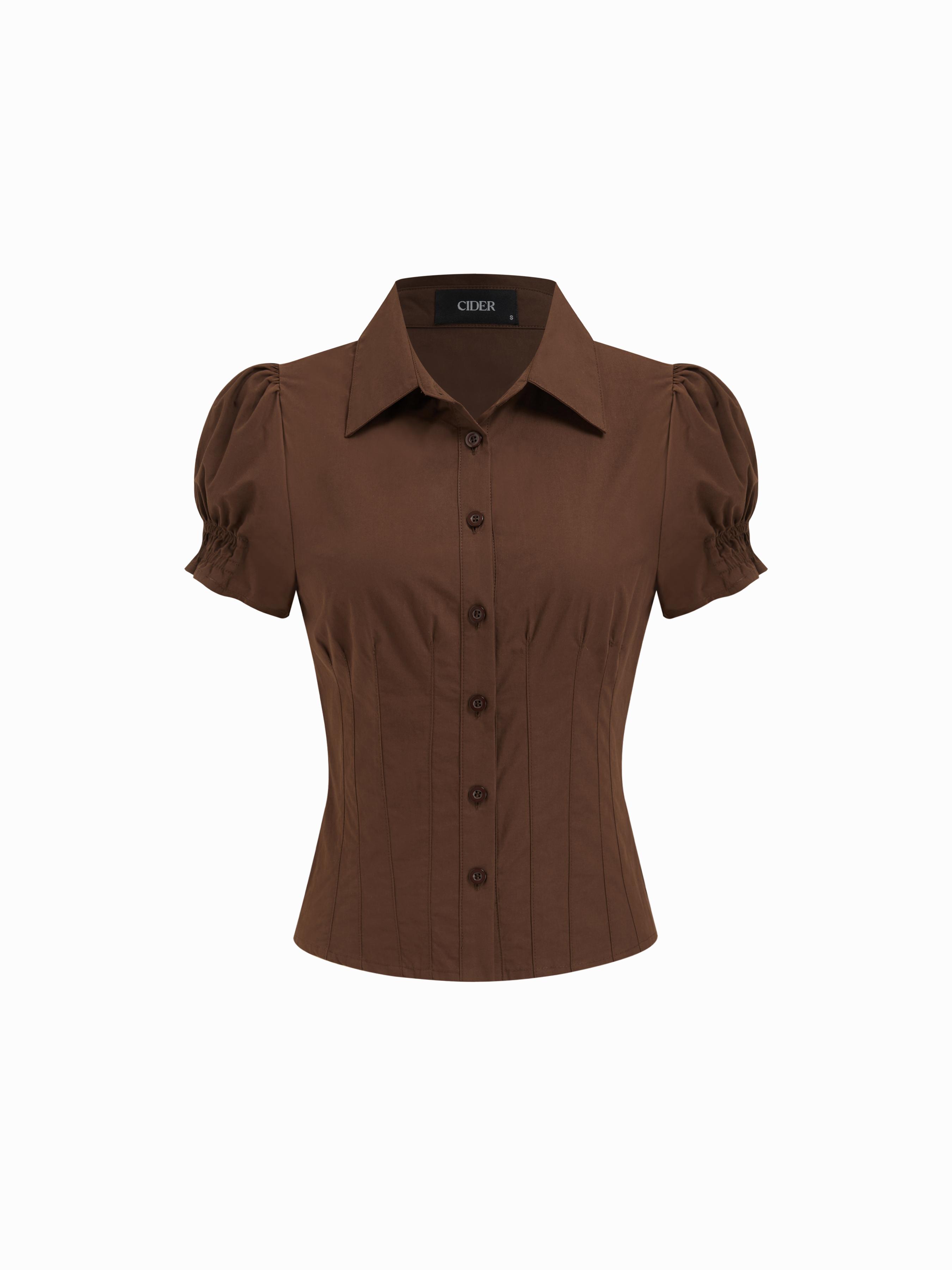 Cotton-blend Collar Puff Sleeve Ruched Blouse by CIDER