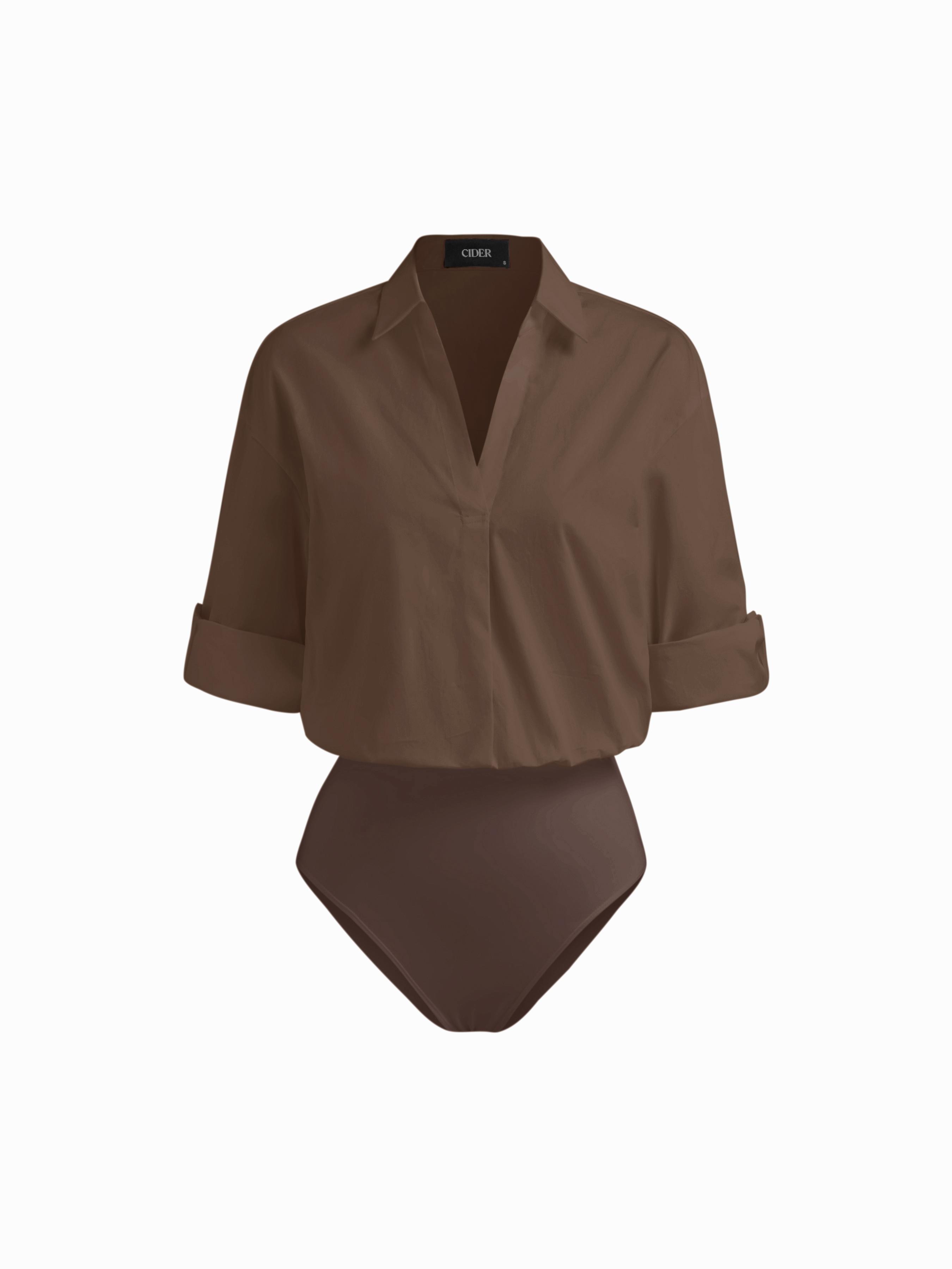 Cotton-blend Collar Roll-up Sleeve Shirt Bodysuit by CIDER